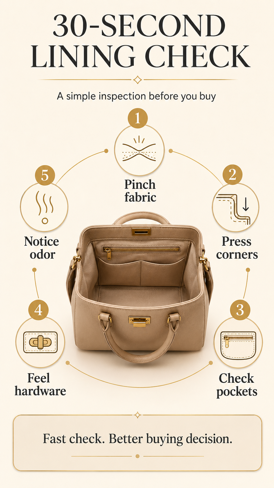 30 Second Bag Lining Inspection Guide 30 second handbag lining inspection guide showing pinch, corner, pocket, hardware, and smell checks
