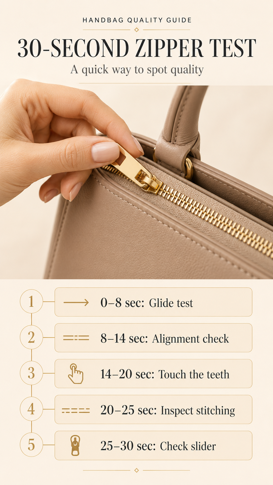 30 second handbag zipper inspection showing glide test, alignment check, touch test, stitching scan, and slider inspection