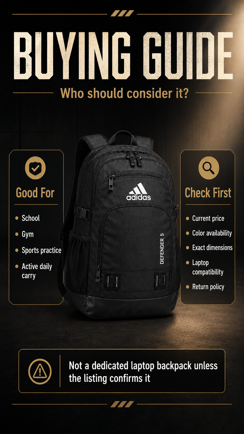 adidas Defender 5 Backpack buying guide infographic showing best users for school gym sports and travel