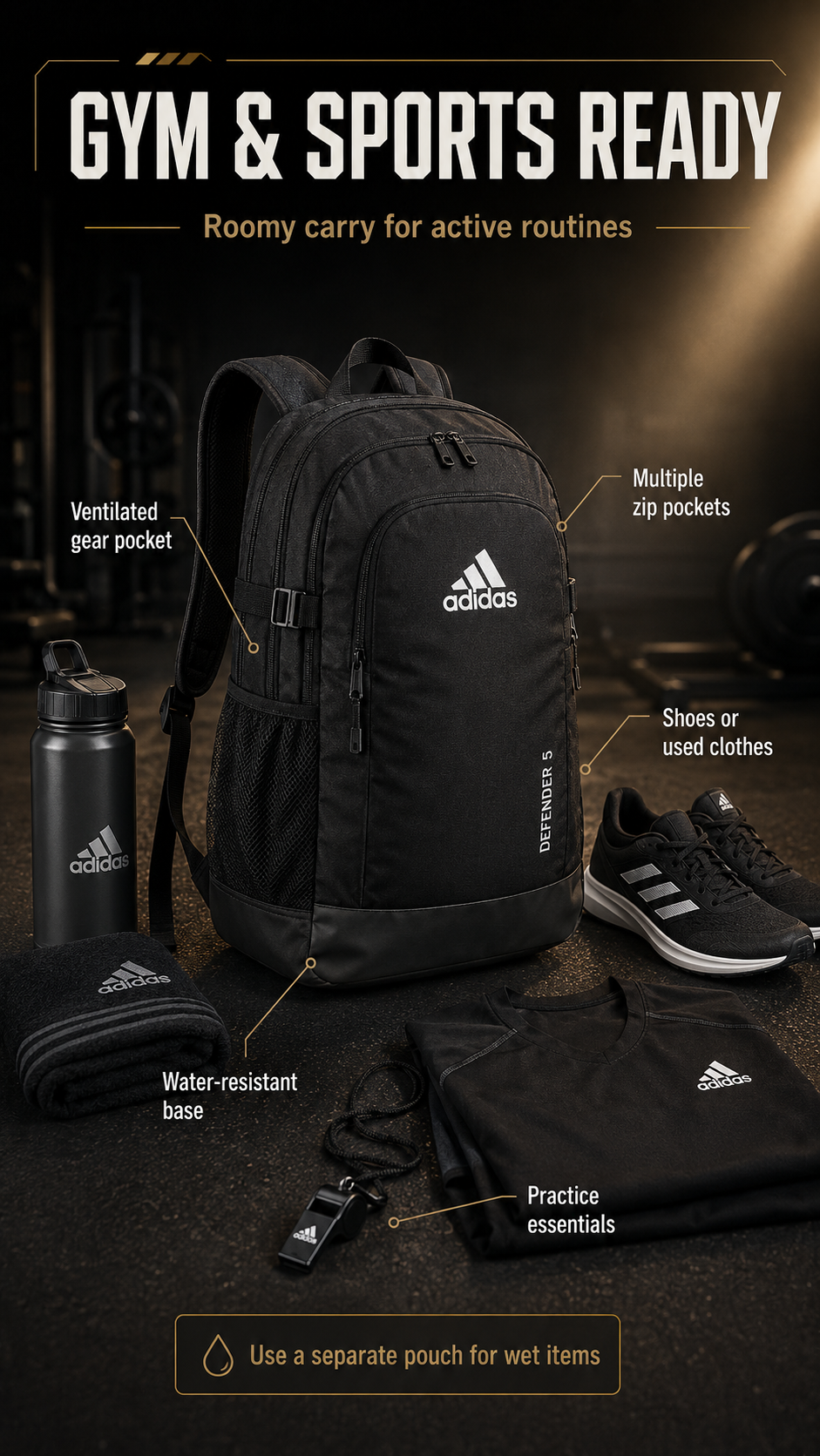 adidas Defender 5 Backpack gym and sports use infographic with shoes clothes towel and essentials