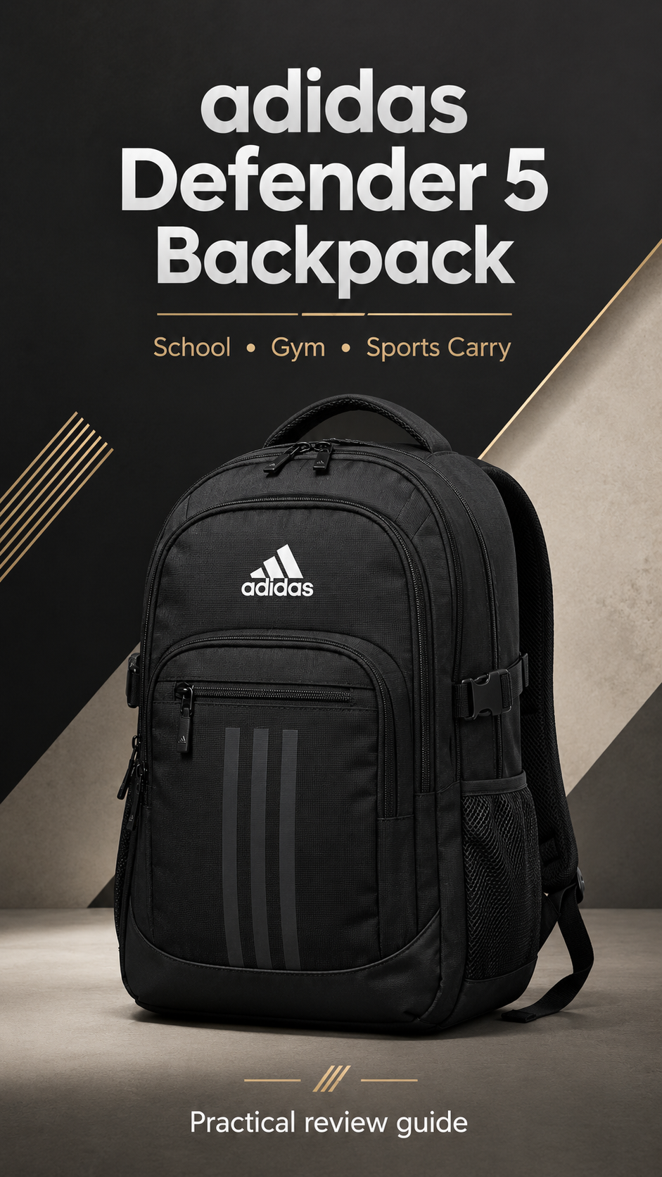 adidas Defender 5 Backpack review feature image showing a sporty backpack for school gym and sports carry