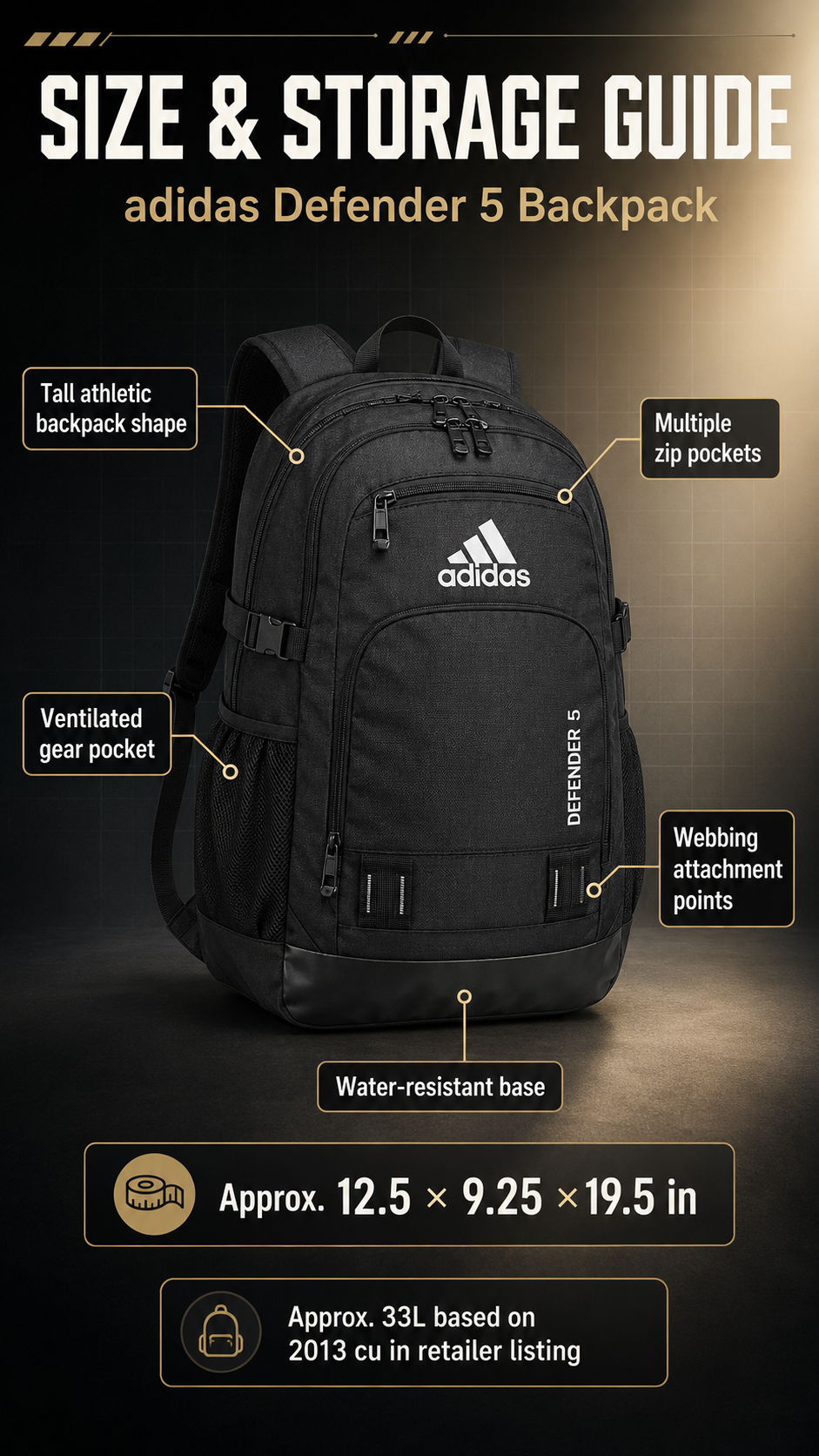 adidas Defender 5 Backpack size and storage guide infographic for school gym and sports gear