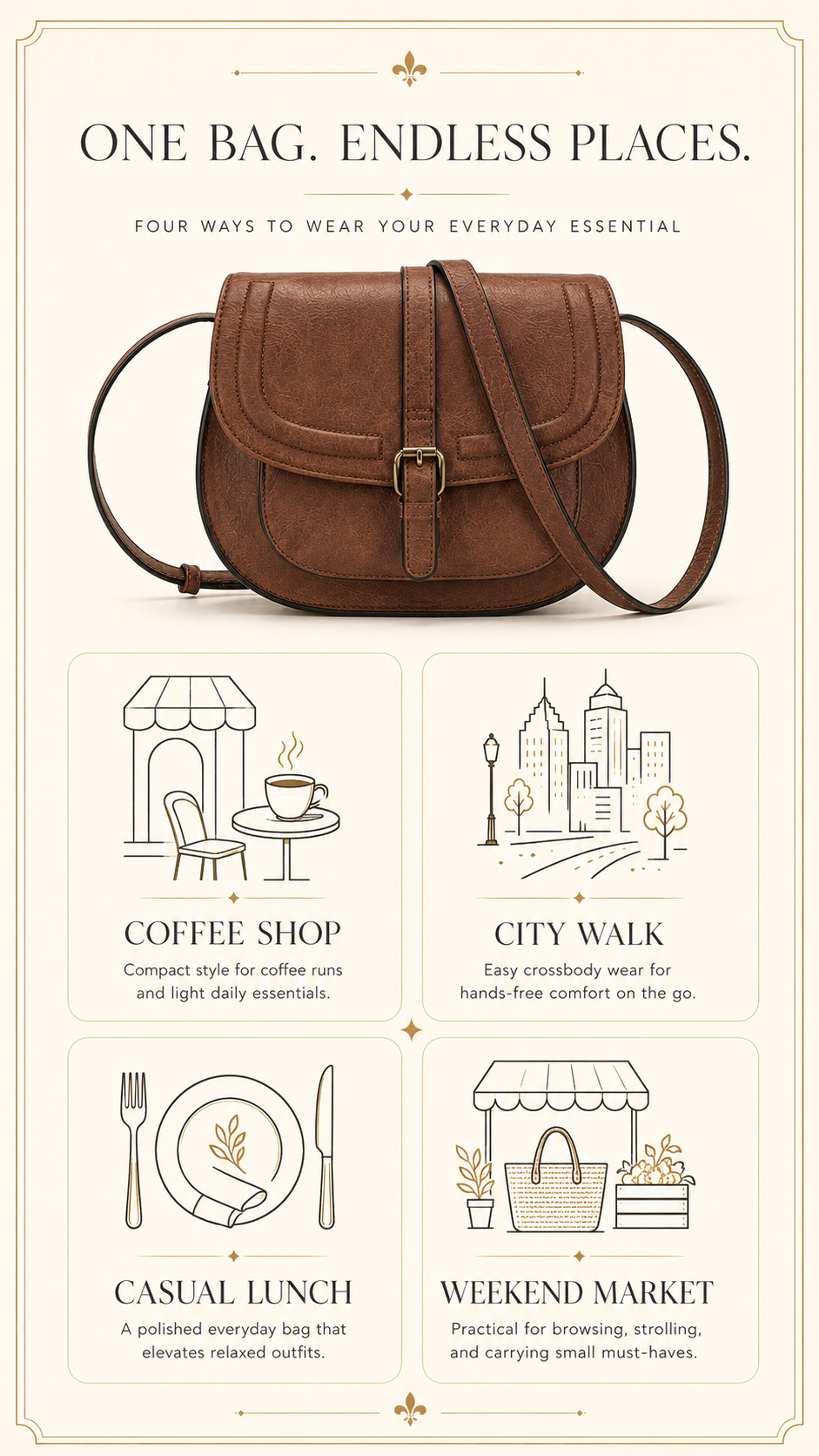 AFKOMST Vintage Saddle Crossbody Bag in everyday use scenarios — errands, casual outings, and light travel
