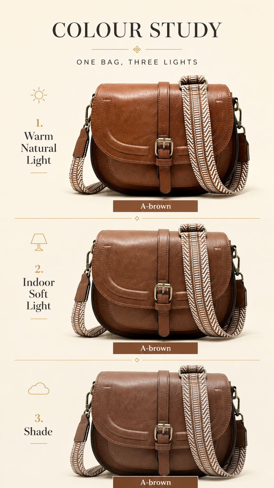 Close-up of the AFKOMST Vintage Saddle Crossbody Bag in Brown A-brown colorway showing warm tonal finish