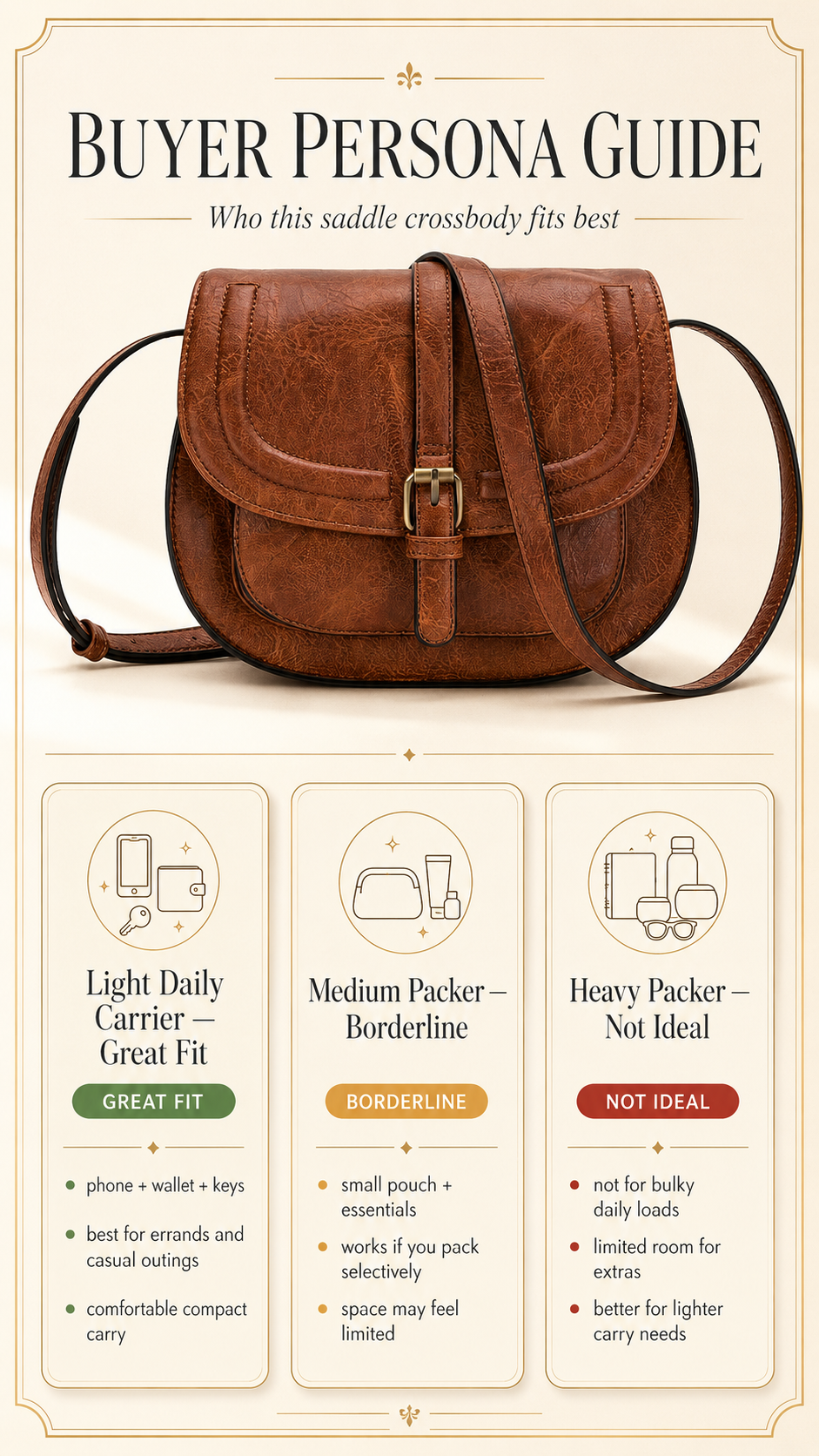 Buyer fit guide for the AFKOMST Vintage Saddle Crossbody Bag — who it suits and who it doesn't
