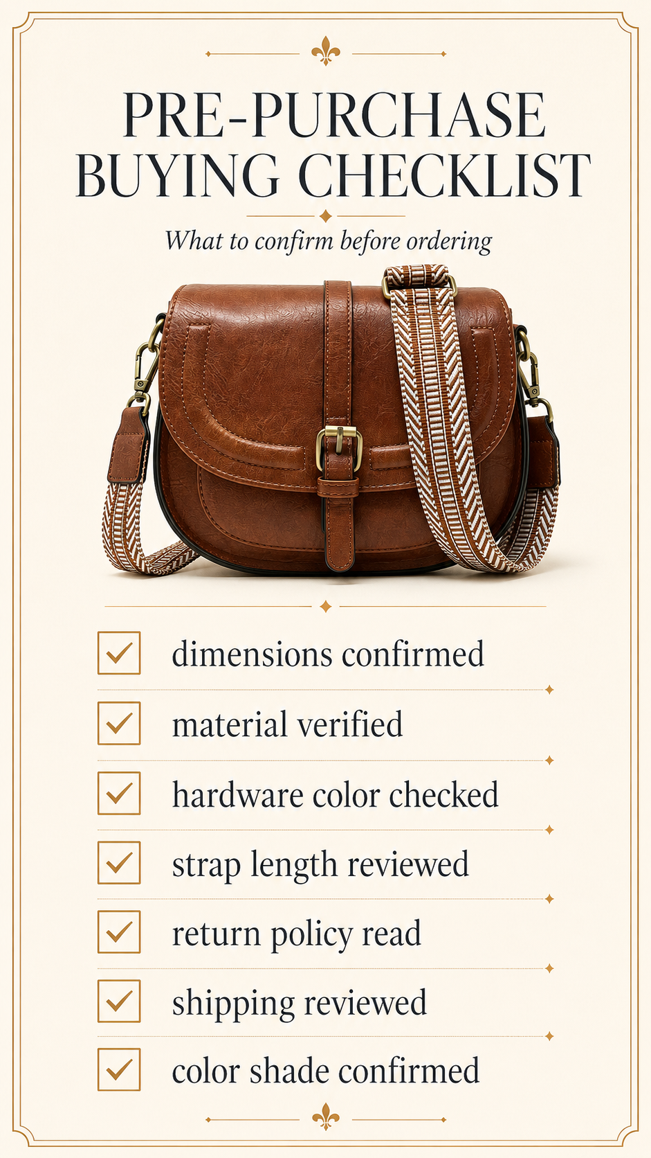 Buying checklist for the AFKOMST Vintage Saddle Crossbody Bag — what to verify before ordering
