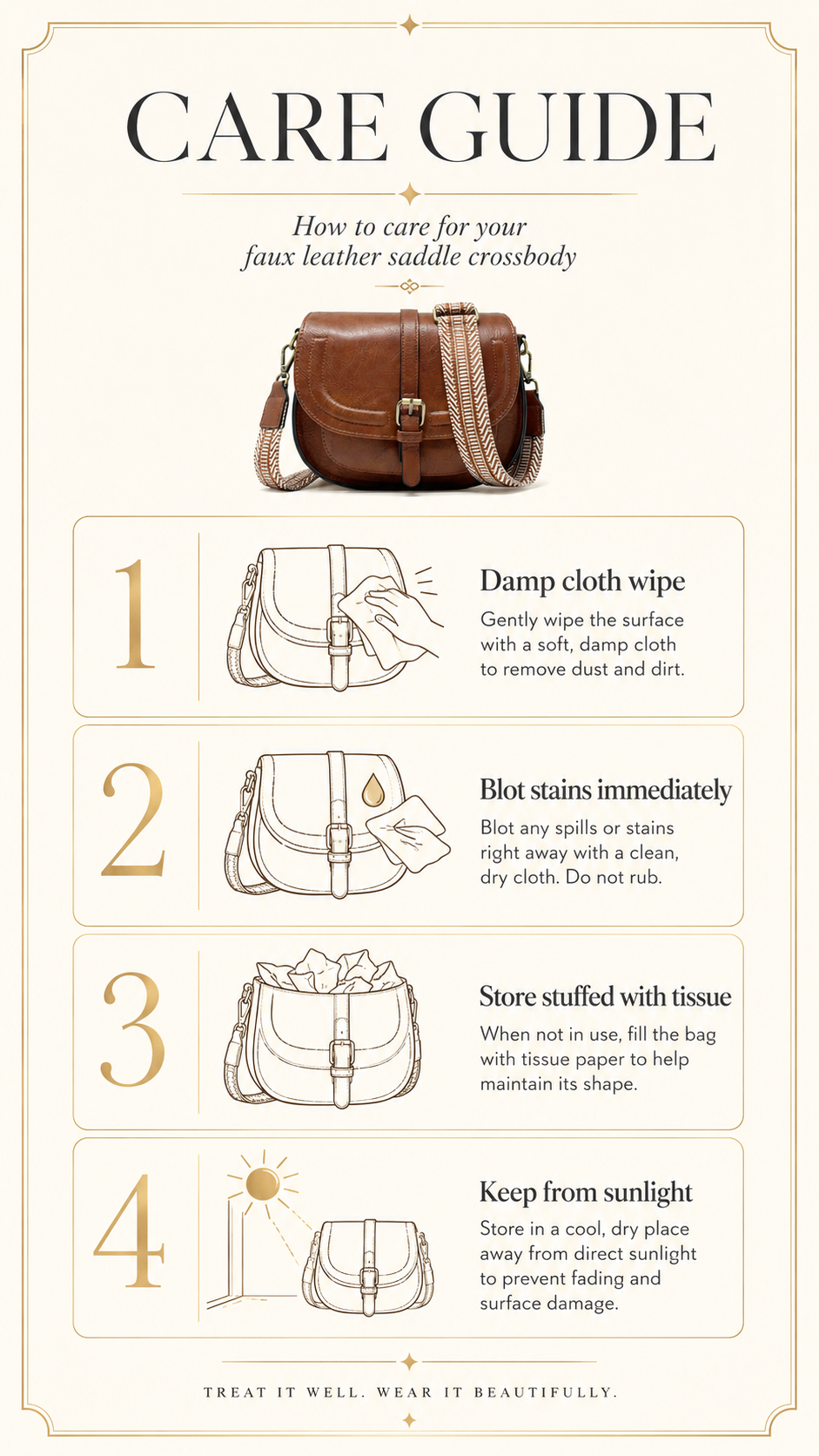 Care guide for the AFKOMST Vintage Saddle Crossbody Bag — how to clean and maintain a faux leather saddle bag