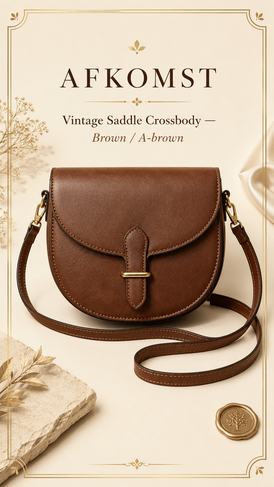 AFKOMST Crossbody Bag for Women in brown A-brown vintage saddle style — full product view