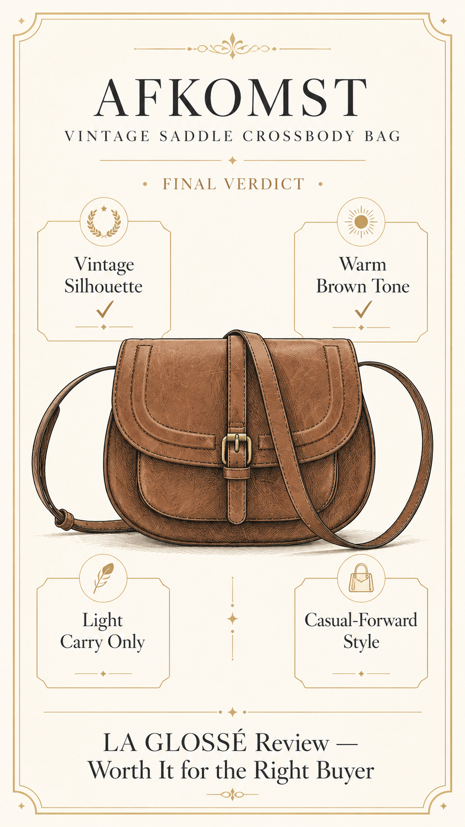 Final verdict image for the AFKOMST Vintage Saddle Crossbody Bag review — LA GLOSSÉ editorial conclusion