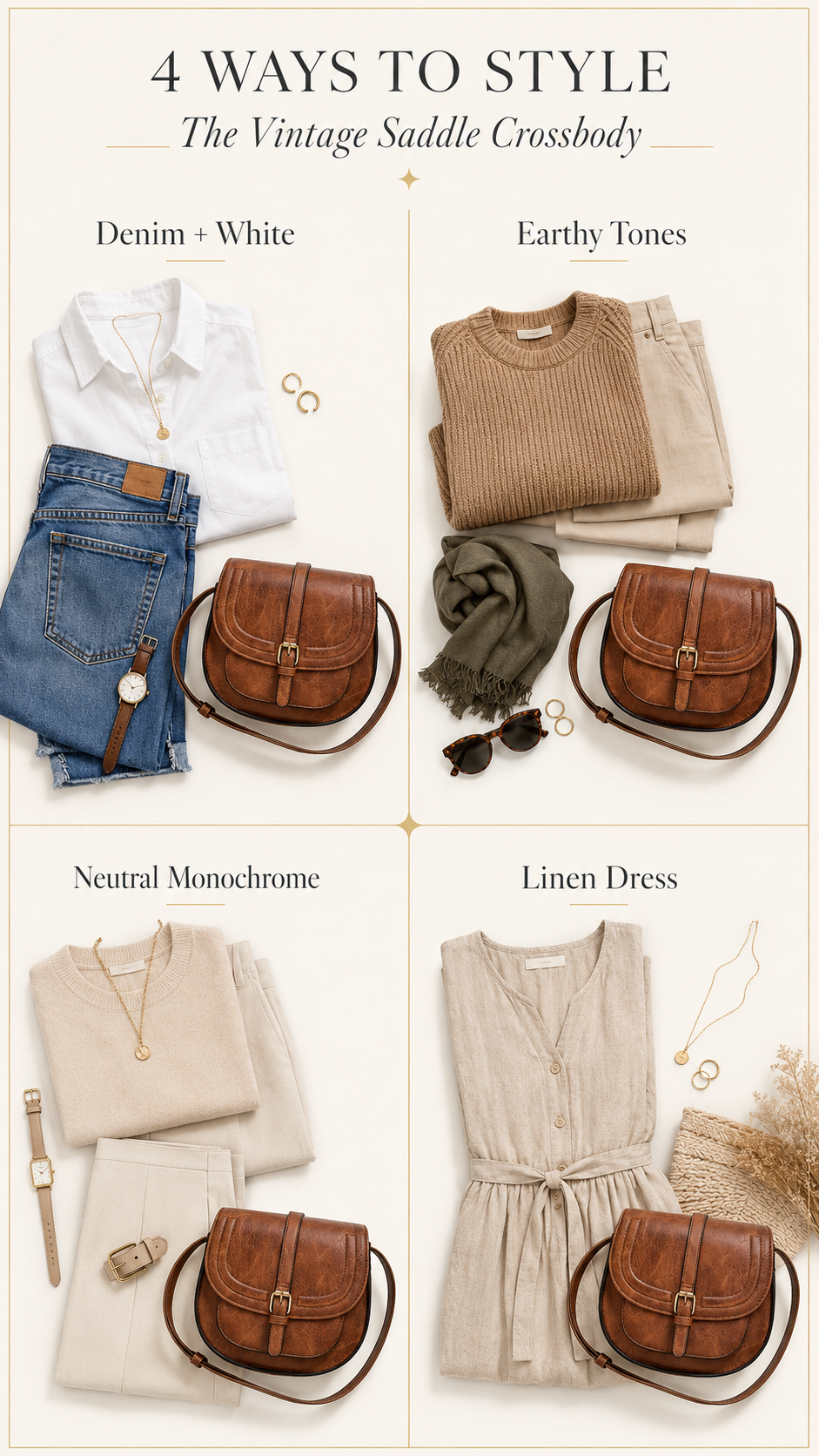 AFKOMST Vintage Saddle Crossbody Bag styled with casual women's everyday outfits in brown tones