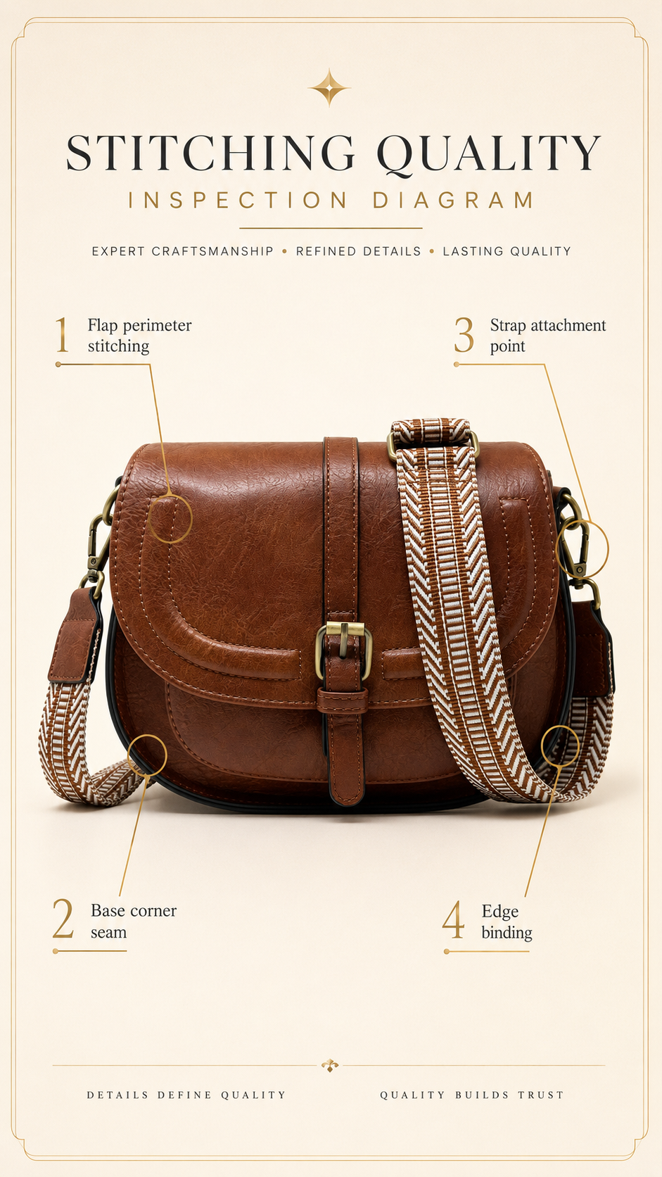 Stitching and edge finishing detail on the AFKOMST Vintage Saddle Crossbody Bag