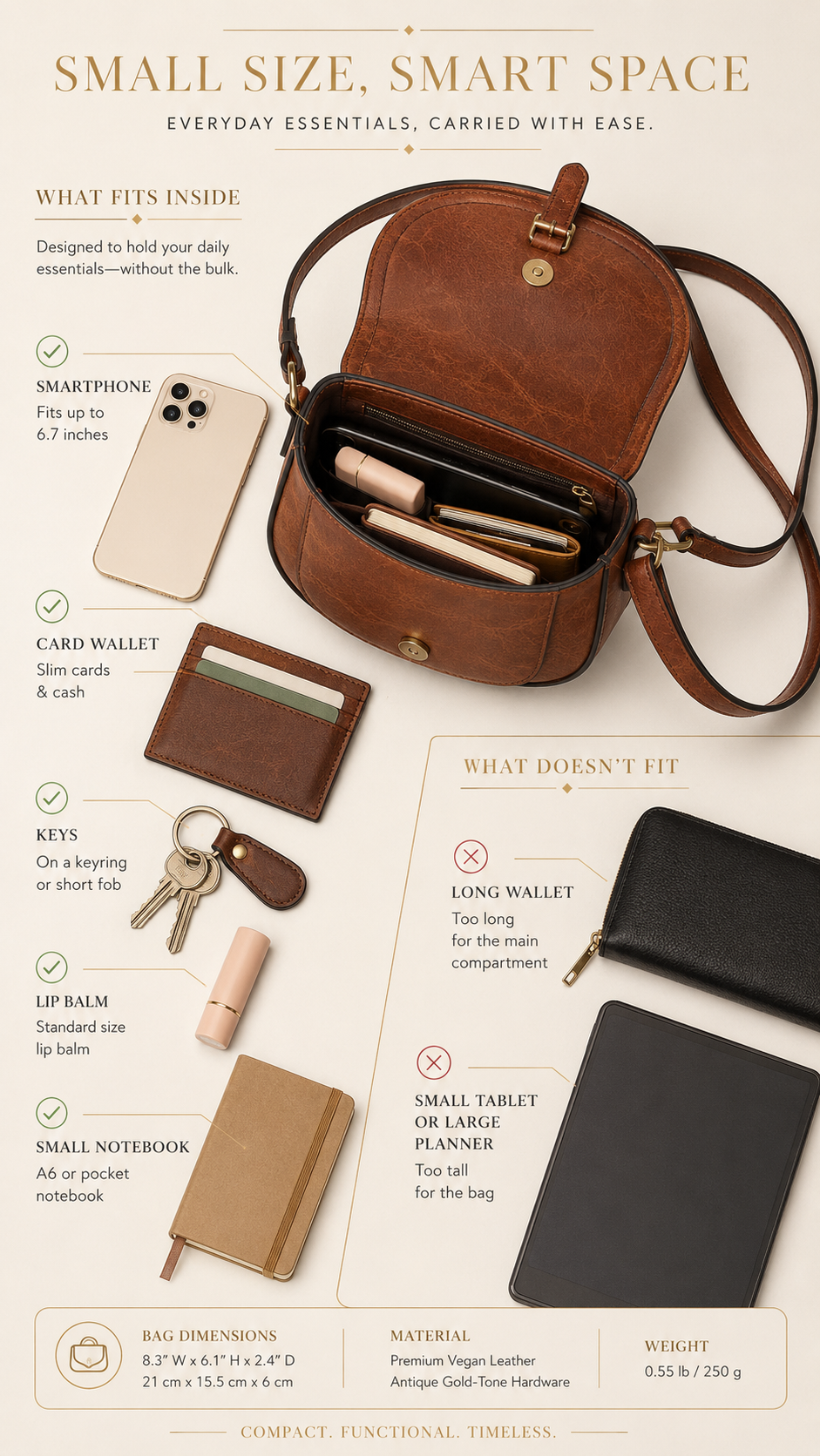 What fits inside the AFKOMST Vintage Saddle Crossbody Bag — everyday essentials layout