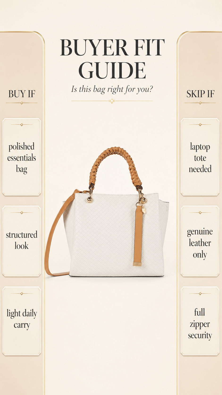Buyer fit guide for ALDO Gloadithh Tote Bag showing who should buy and who should skip