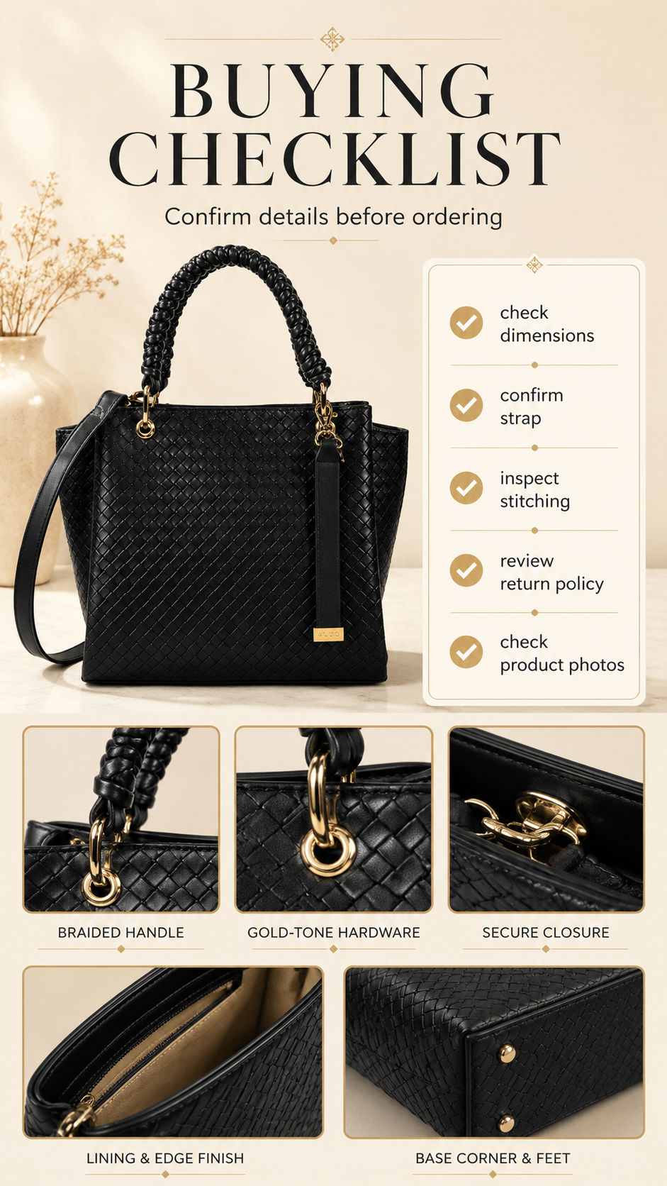 Buying checklist for ALDO Gloadithh Tote Bag with dimensions strap closure stitching lining and return policy