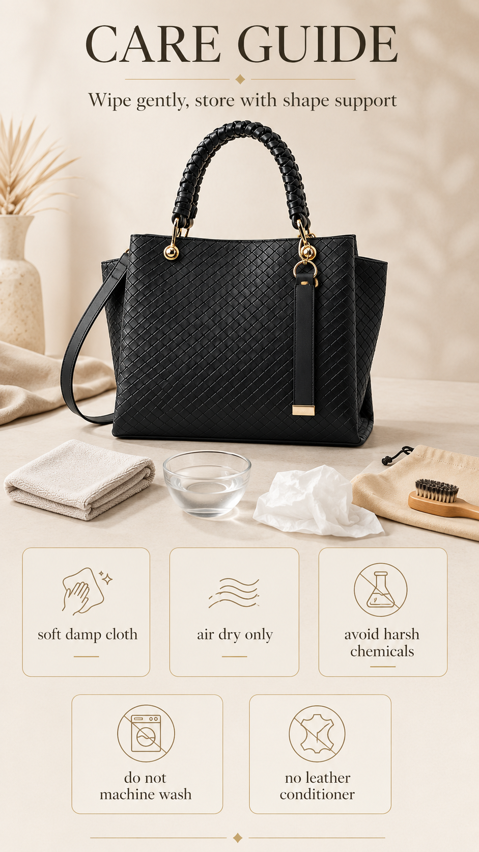 Care guide for ALDO Gloadithh Tote Bag with soft cloth gentle cleaning and storage tips