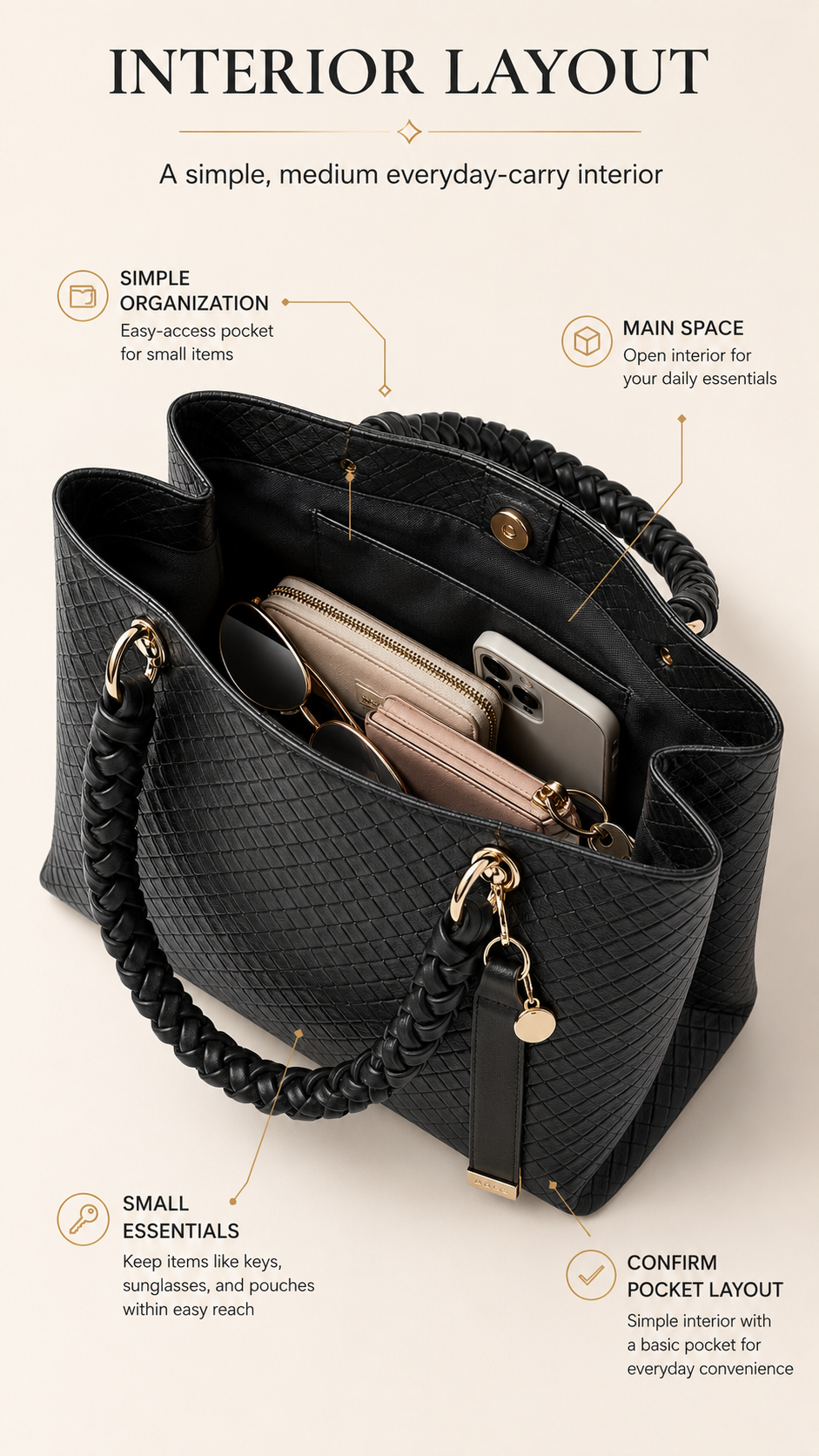 ALDO Gloadithh Tote Bag interior layout guide with simple daily organization and lining check