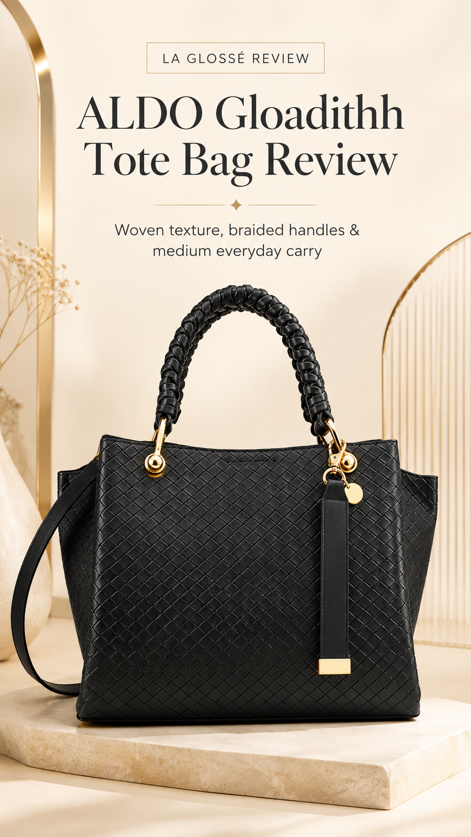 ALDO Gloadithh Tote Bag review hero image with black woven texture handbag and braided handles