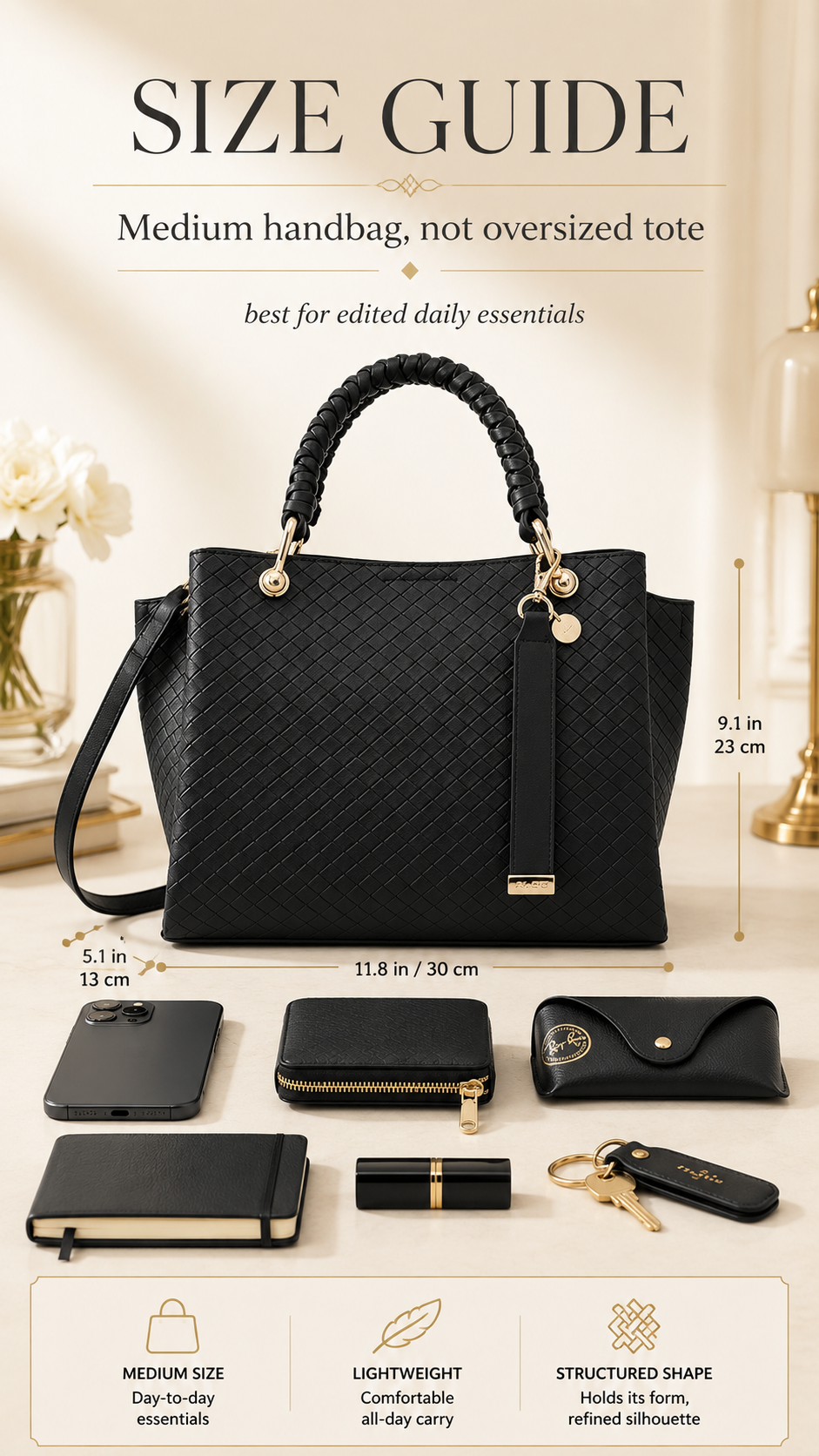 ALDO Gloadithh Tote Bag size guide showing medium handbag scale and everyday essentials