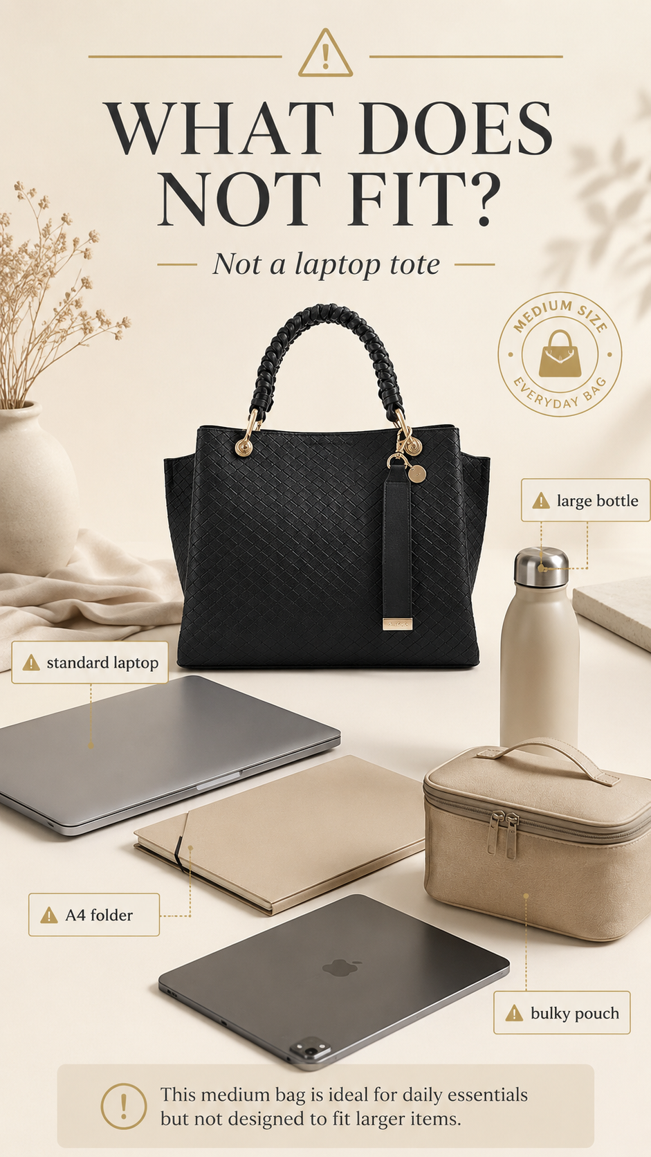 Items that do not fit comfortably in ALDO Gloadithh Tote Bag including laptop folder and large bottle