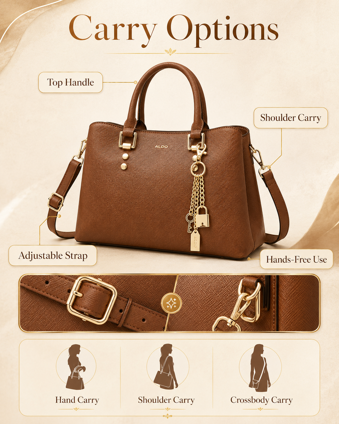 ALDO Legoiri adjustable shoulder strap infographic showing top handle shoulder carry and crossbody option