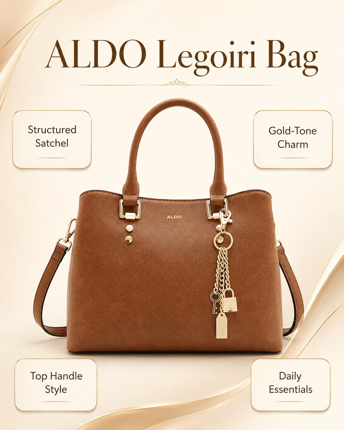 ALDO Legoiri medium brown structured satchel bag infographic with top handles gold-tone charm and daily essentials labels