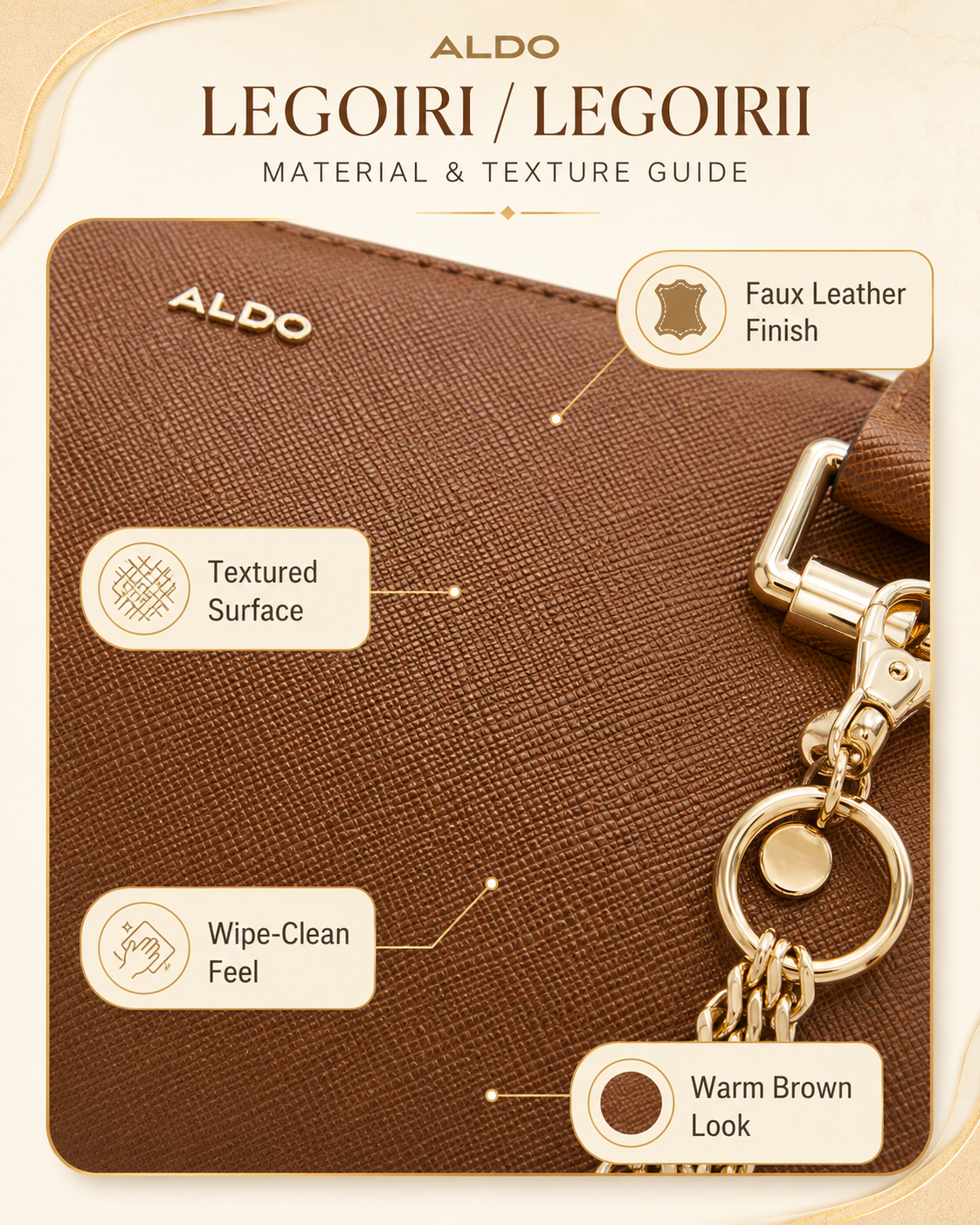 ALDO Legoiri faux leather material texture guide showing synthetic finish and wipe-clean surface