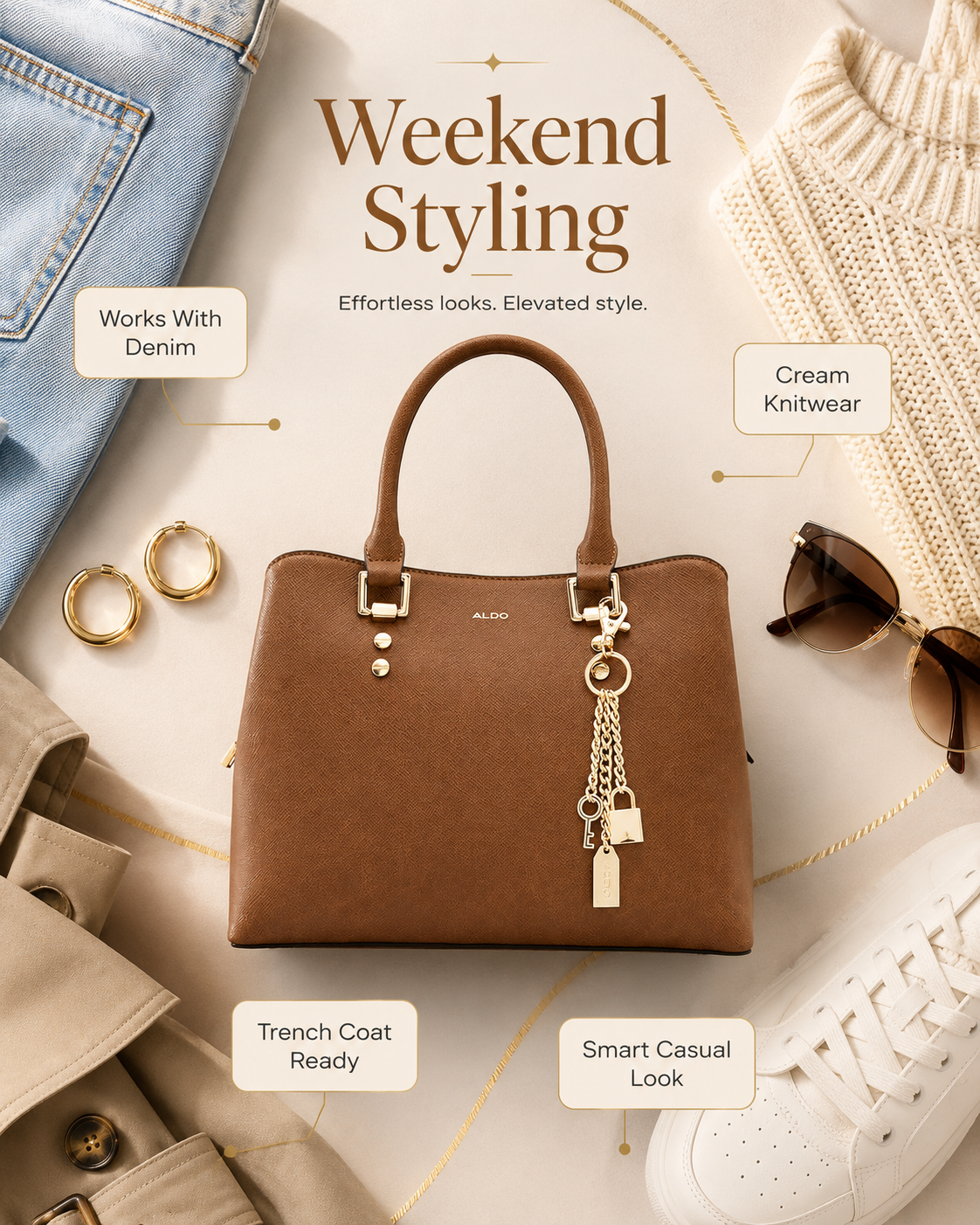 ALDO Legoiri casual weekend styling infographic with denim cream knitwear trench coat and smart casual look