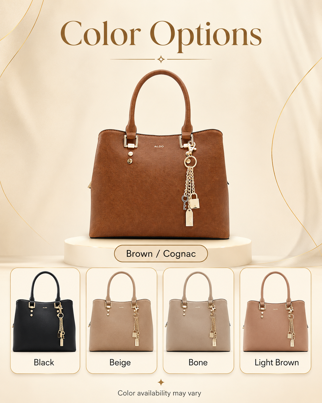 ALDO Legoiri color options guide showing brown cognac black beige bone and light brown neutral bag colors