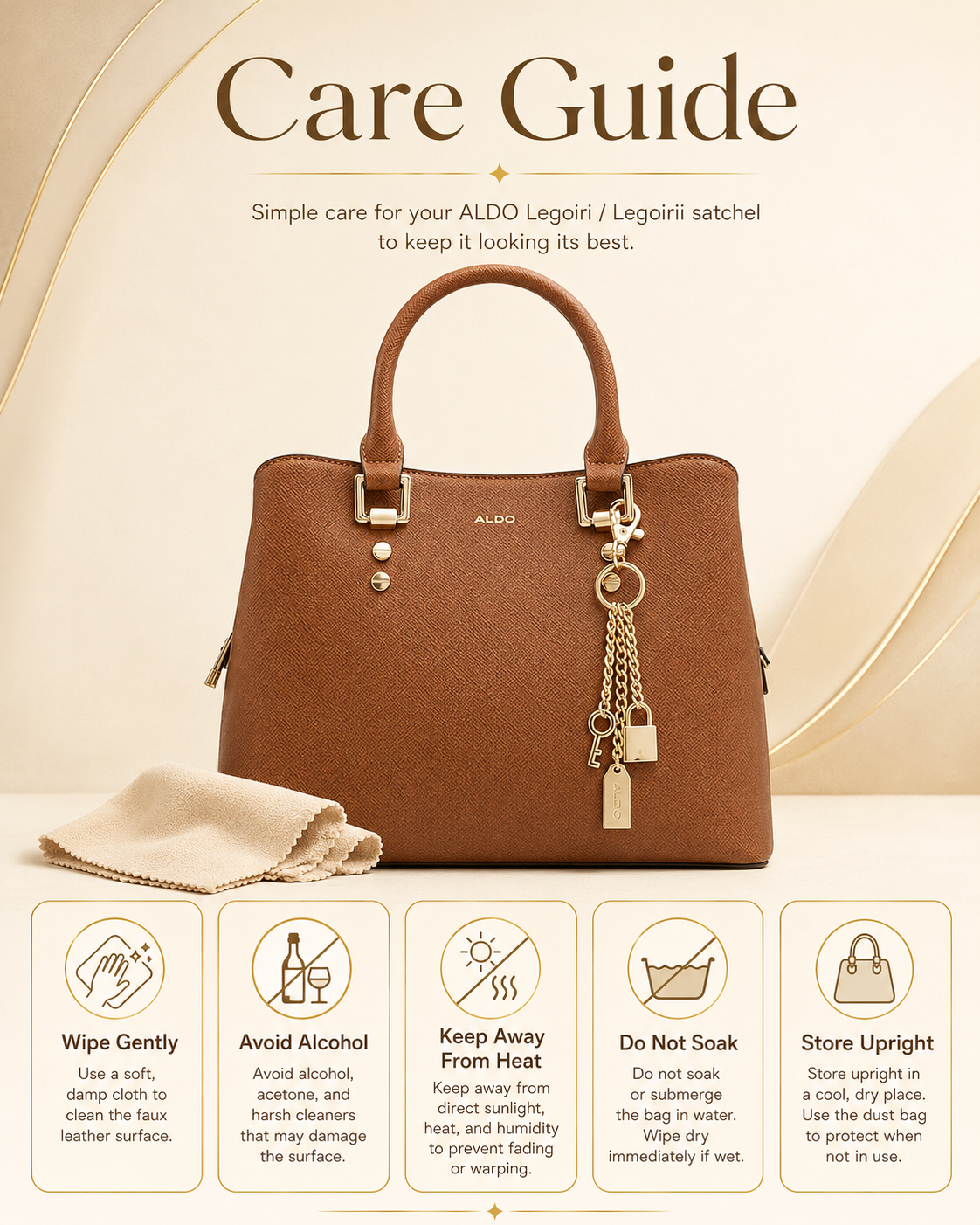 ALDO Legoiri faux leather care guide with wipe gently avoid alcohol keep away from heat and do not soak tips