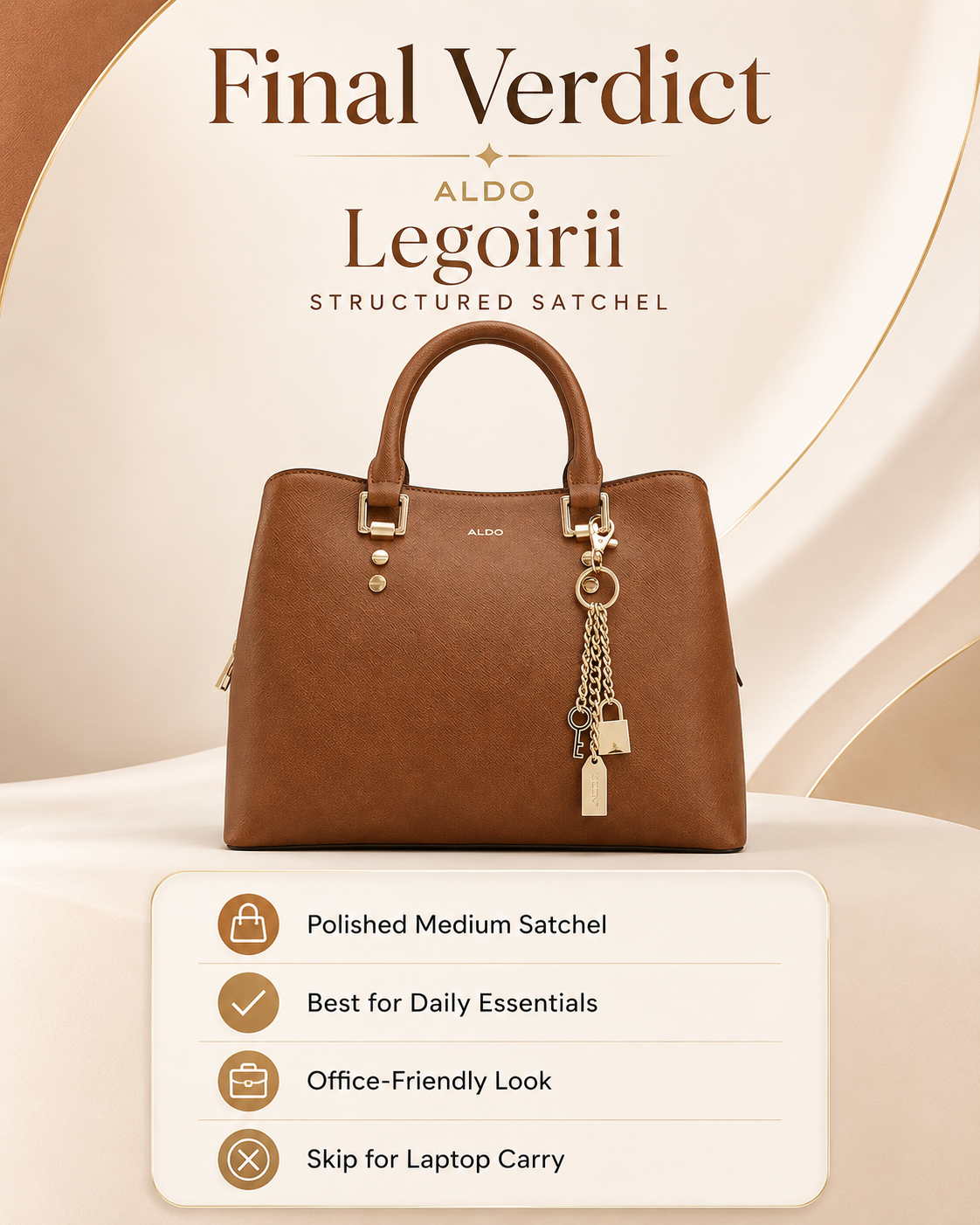 ALDO Legoiri final verdict infographic showing polished medium satchel best for daily essentials and office-friendly look