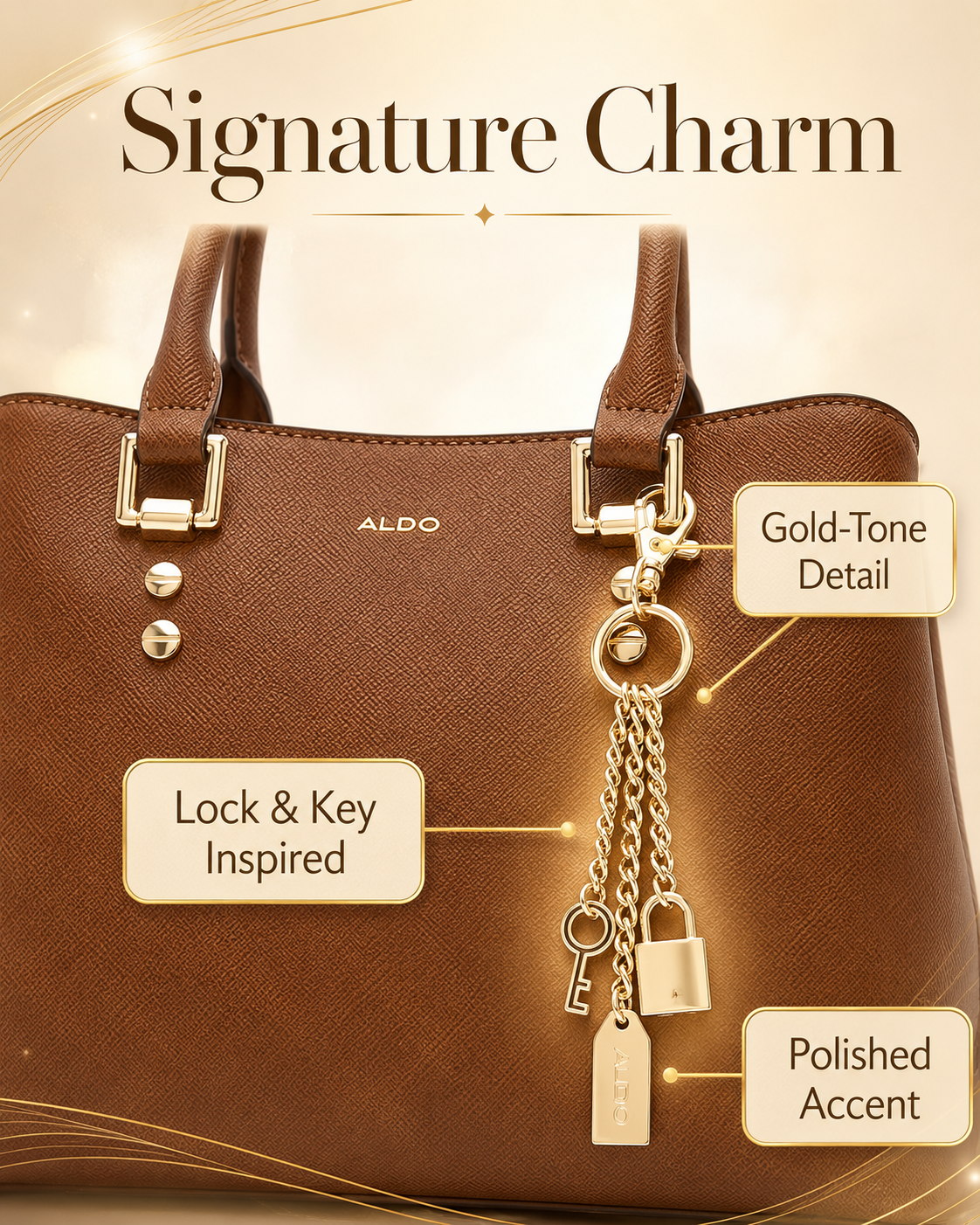 Gold-tone charm detail on ALDO Legoiri structured satchel bag with mini lock and key inspired accent