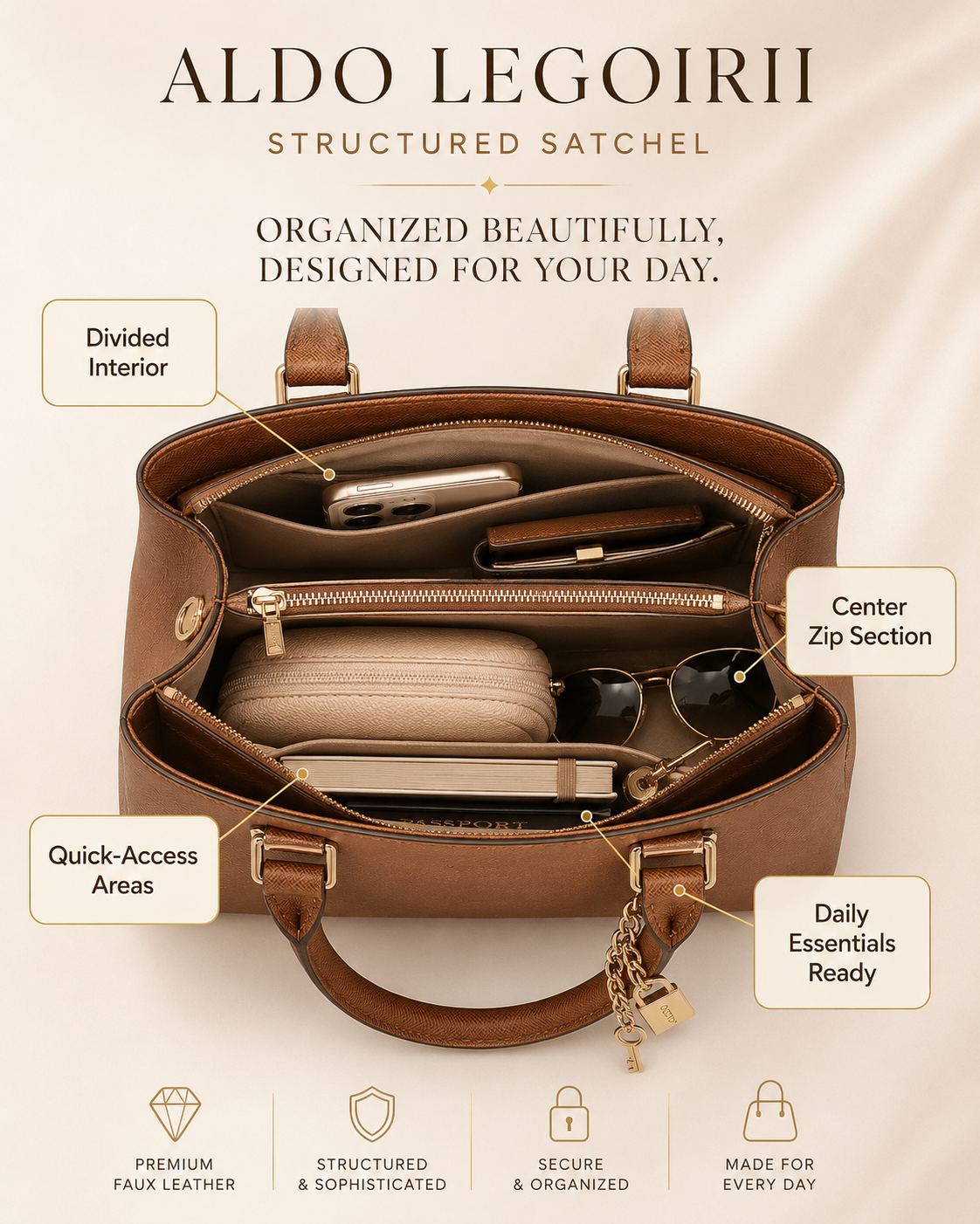 ALDO Legoiri interior organization guide showing divided sections for phone wallet keys cosmetics and small essentials