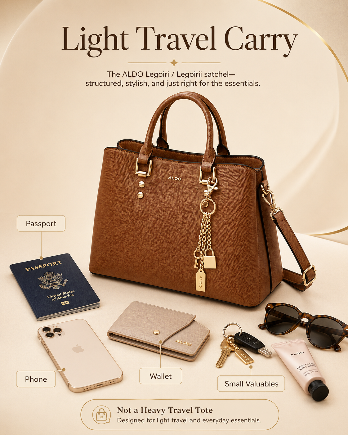 ALDO Legoiri light travel carry infographic with passport phone wallet keys sunglasses and small valuables