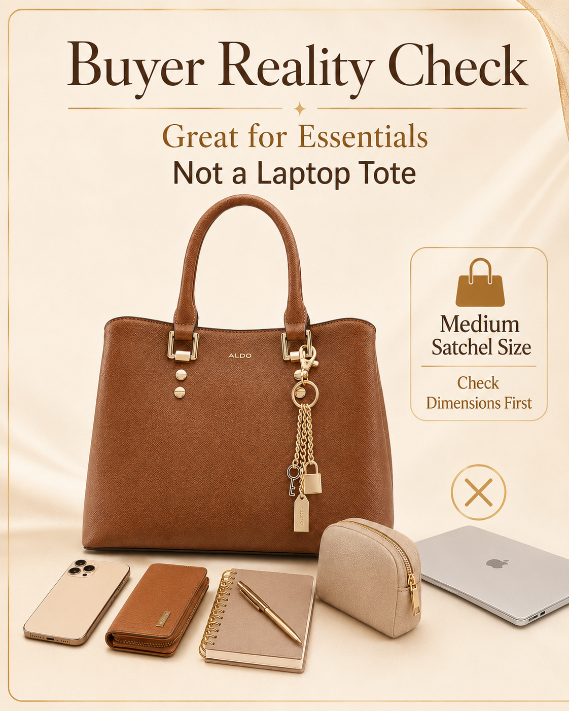 ALDO Legoiri buyer reality check infographic showing great for essentials but not a laptop tote