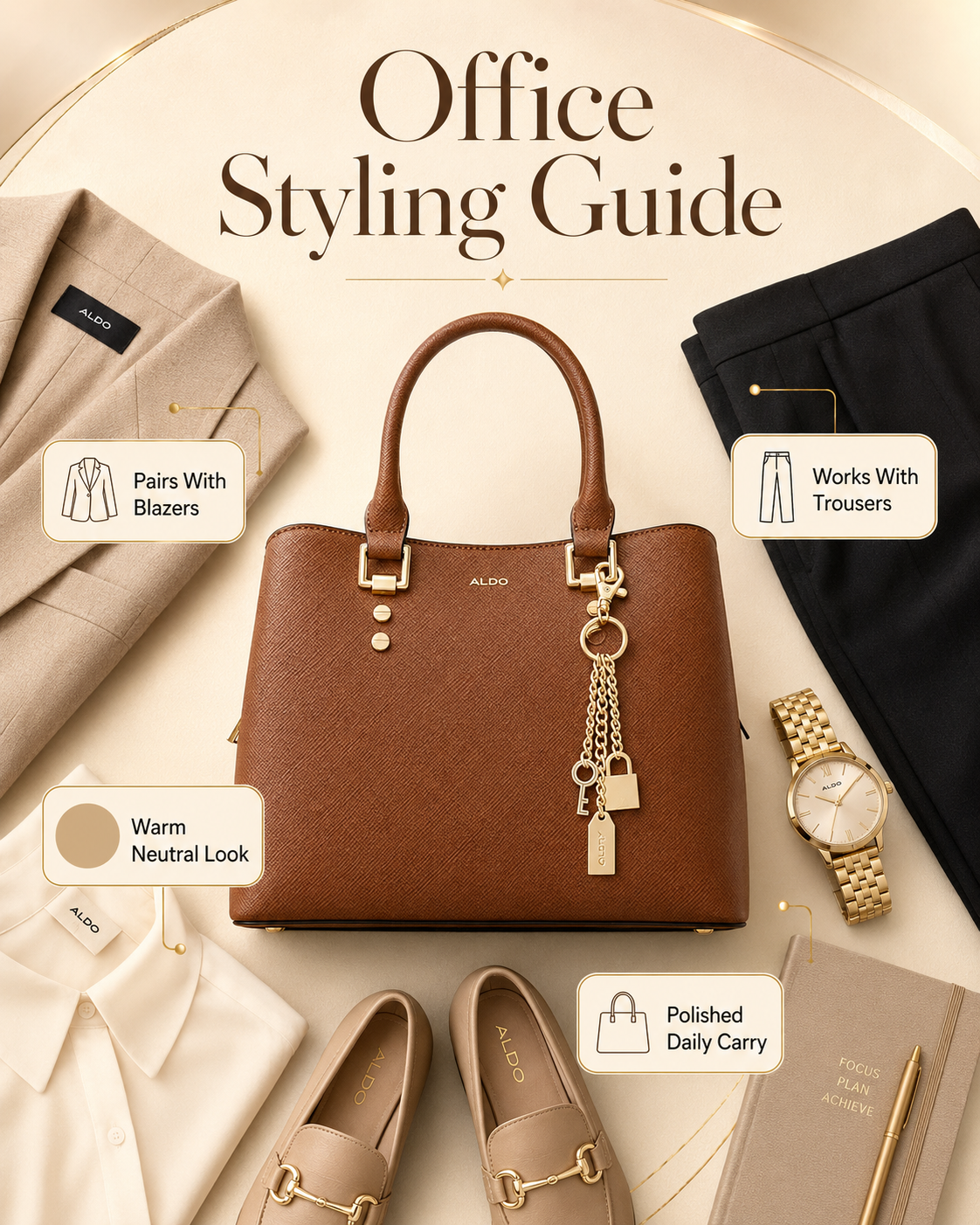 ALDO Legoiri office styling guide infographic with blazer trousers warm neutral look and polished daily carry labels