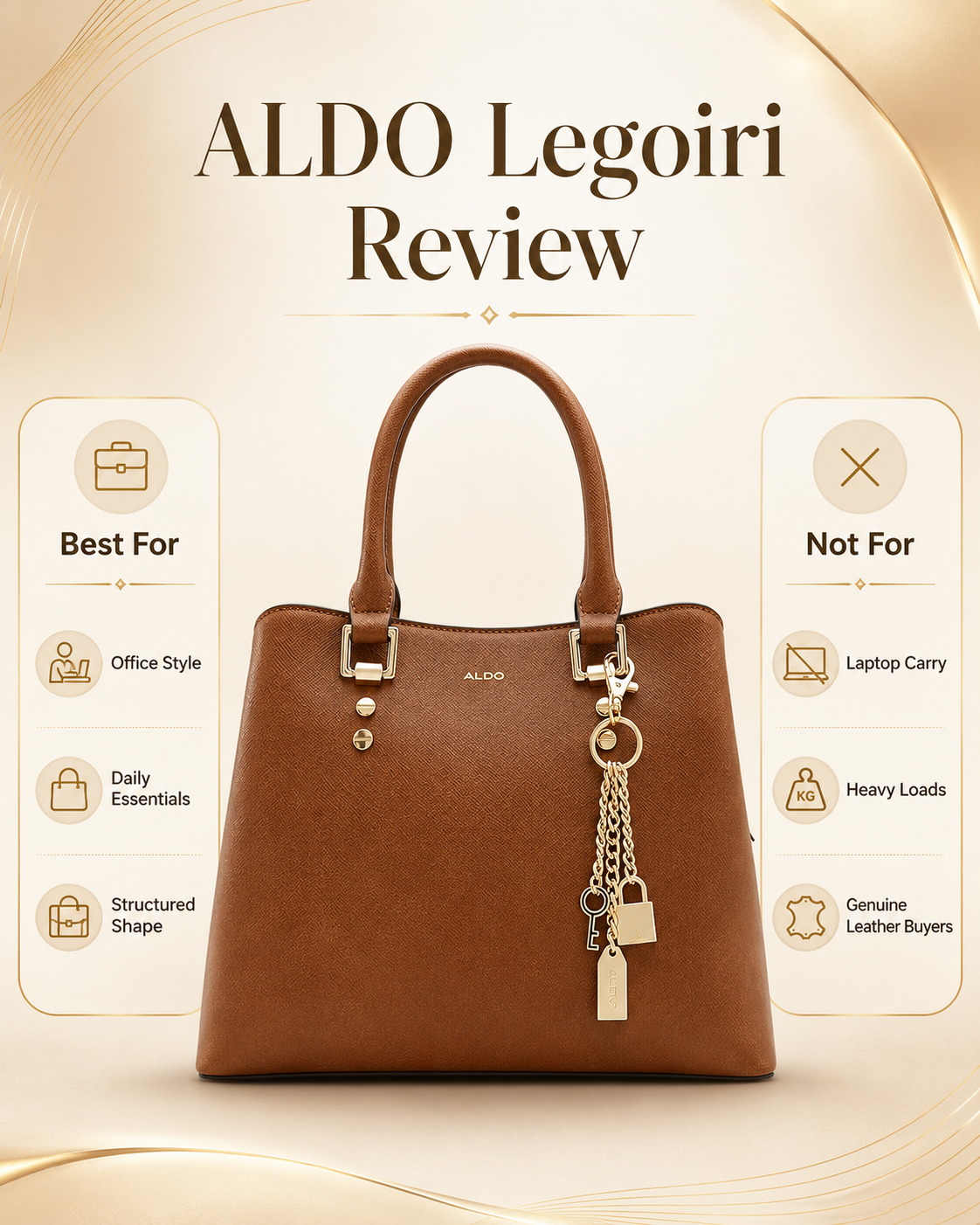 ALDO Legoiri pros and cons infographic showing best for office style daily essentials and structured shape but not laptop carry