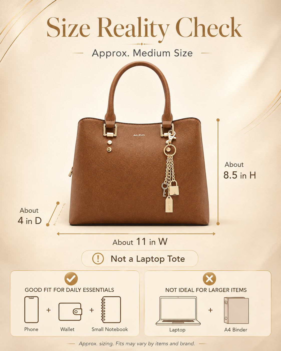 ALDO Legoiri size reality check infographic showing medium satchel size and not a laptop tote warning