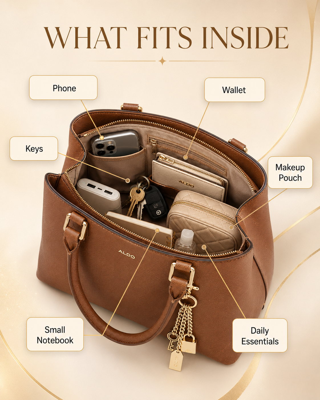 What fits inside ALDO Legoiri bag with phone wallet keys makeup pouch small notebook and daily essentials