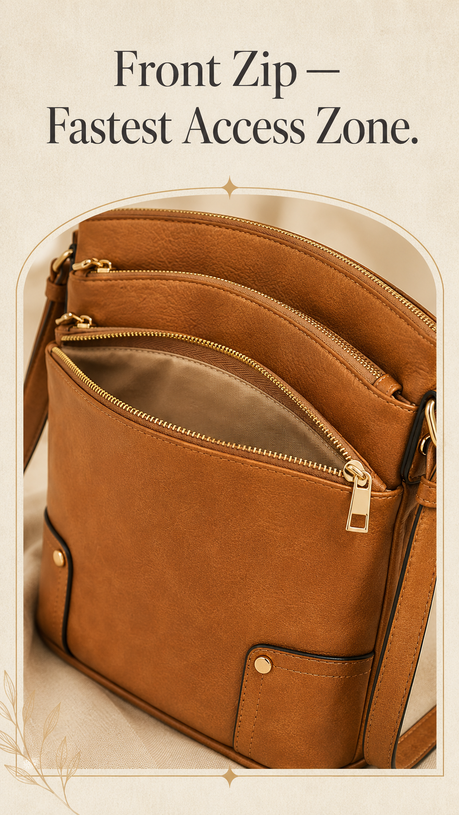 ALYSSA crossbody bag front zip pocket access close-up showing zipper pull and opening width