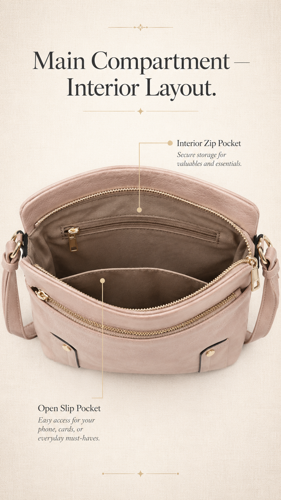 ALYSSA crossbody bag main compartment top opening view showing interior zip pocket and open slip pocket