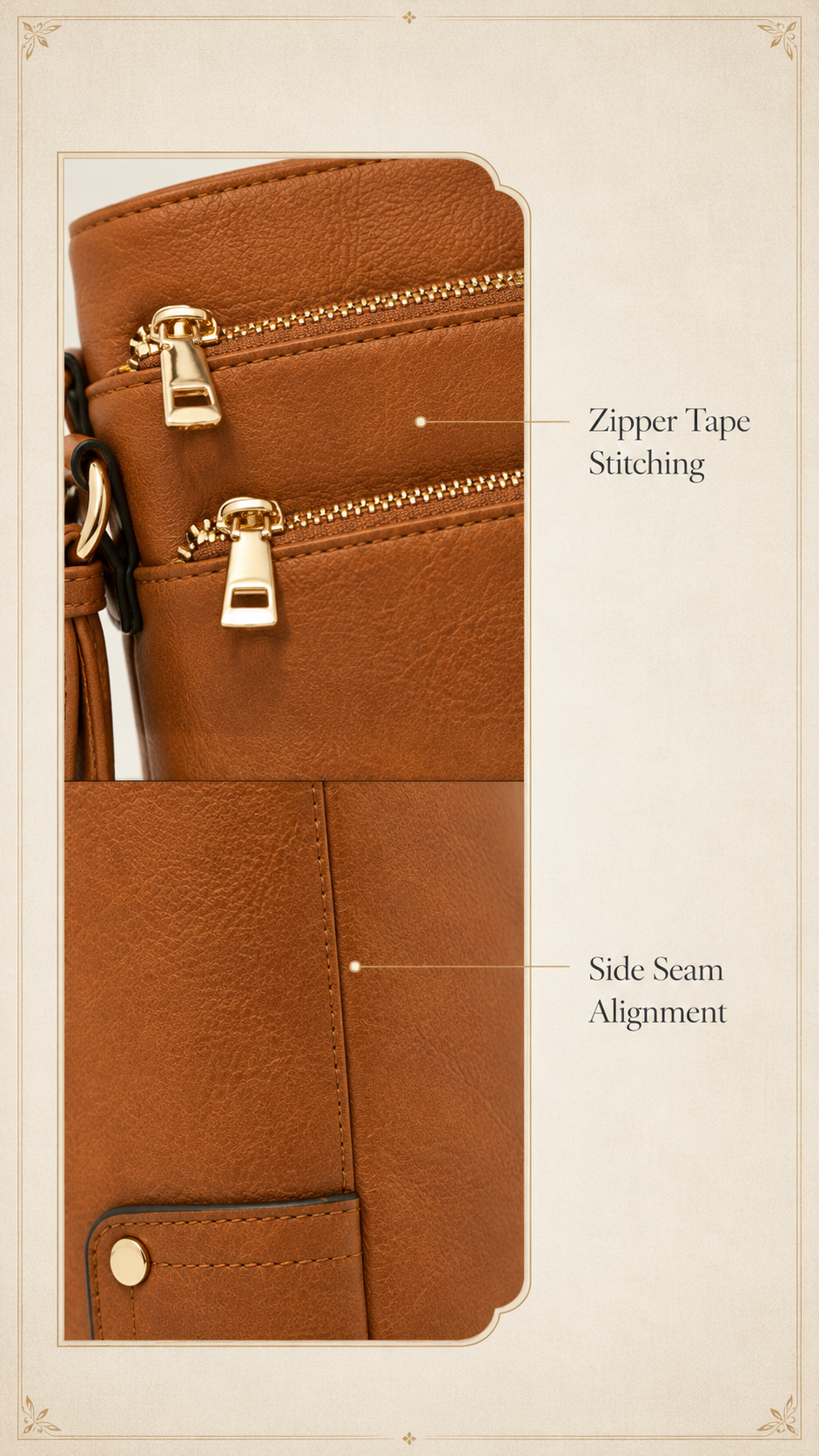 ALYSSA crossbody bag stitching around zipper tape and side seam close-up inspection