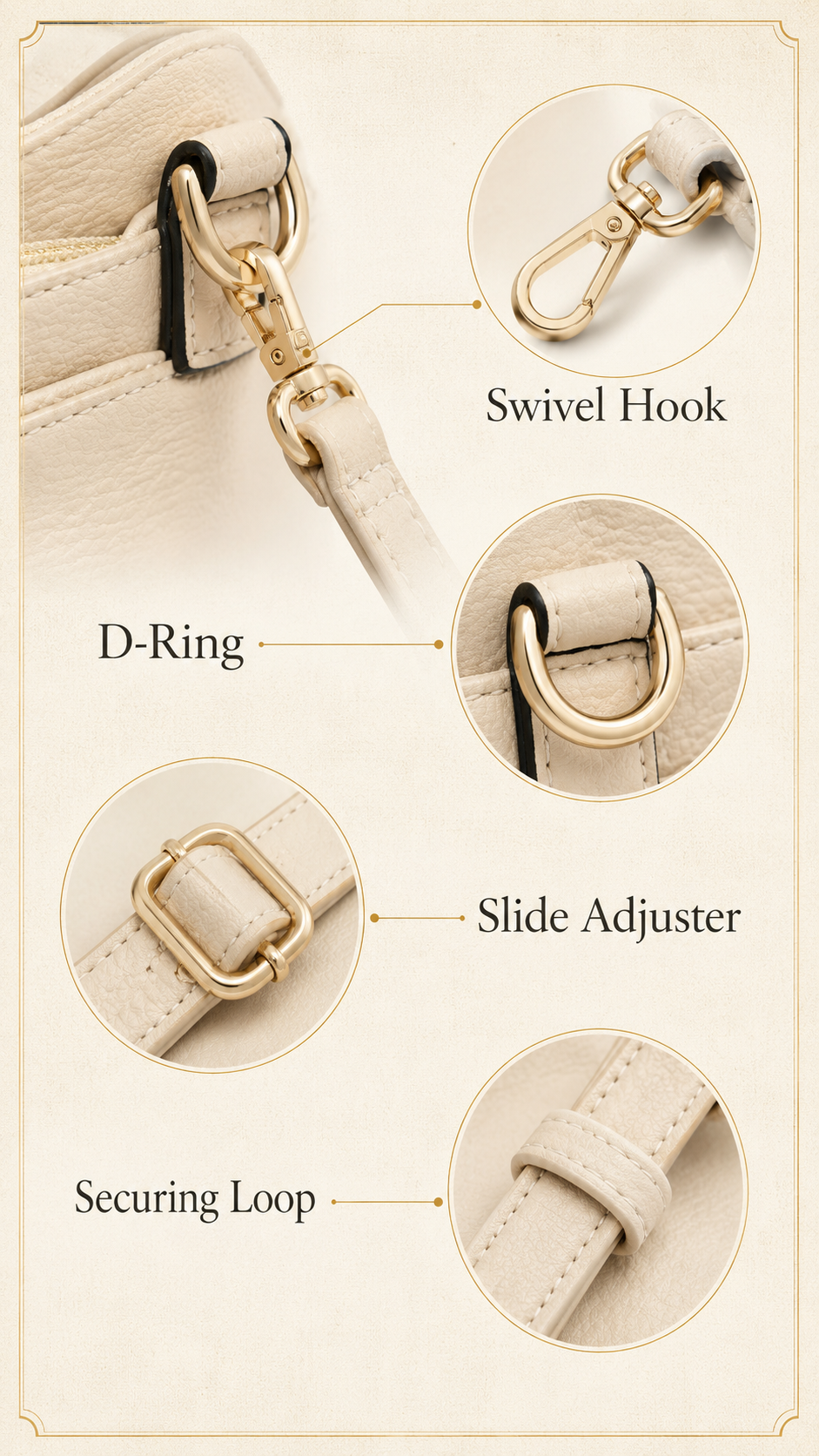 ALYSSA crossbody bag strap hook buckle adjuster and ring close-up infographic
