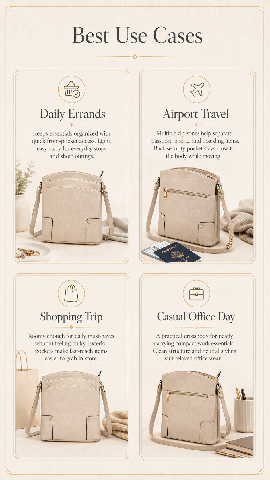 ALYSSA crossbody bag use case grid showing errands travel shopping and casual office scenarios