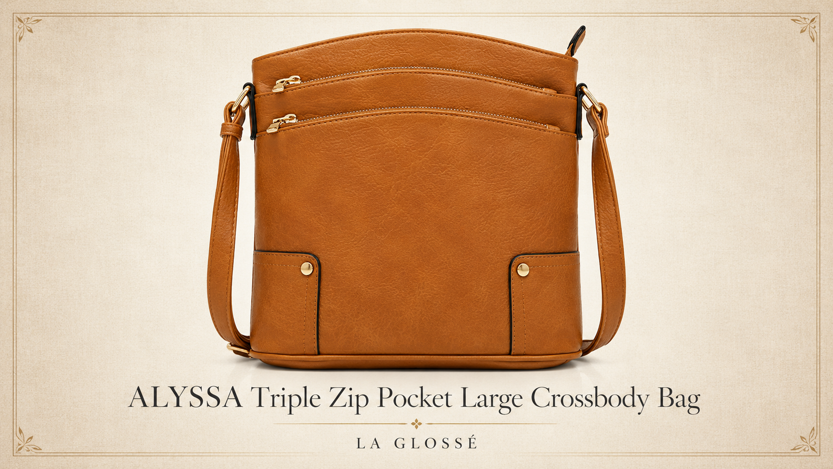 ALYSSA Triple Zip Pocket Large Crossbody Bag front angle editorial view on warm ivory background
