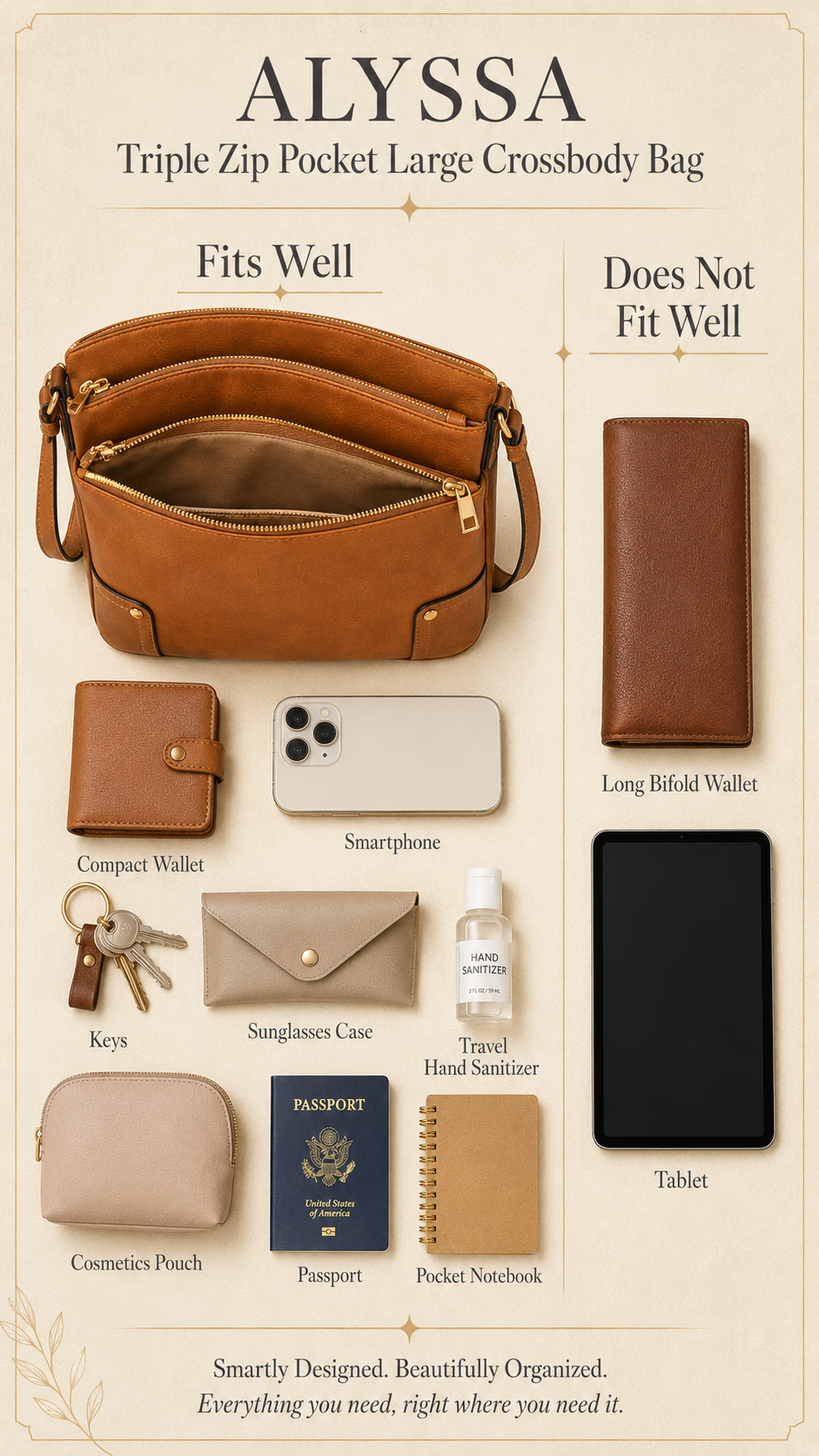 ALYSSA crossbody bag what fits inside realistic layout infographic showing phone wallet sunglasses and keys