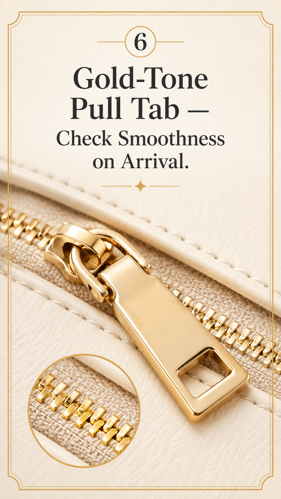 ALYSSA crossbody bag zipper pull and teeth close-up showing gold-tone hardware detail
