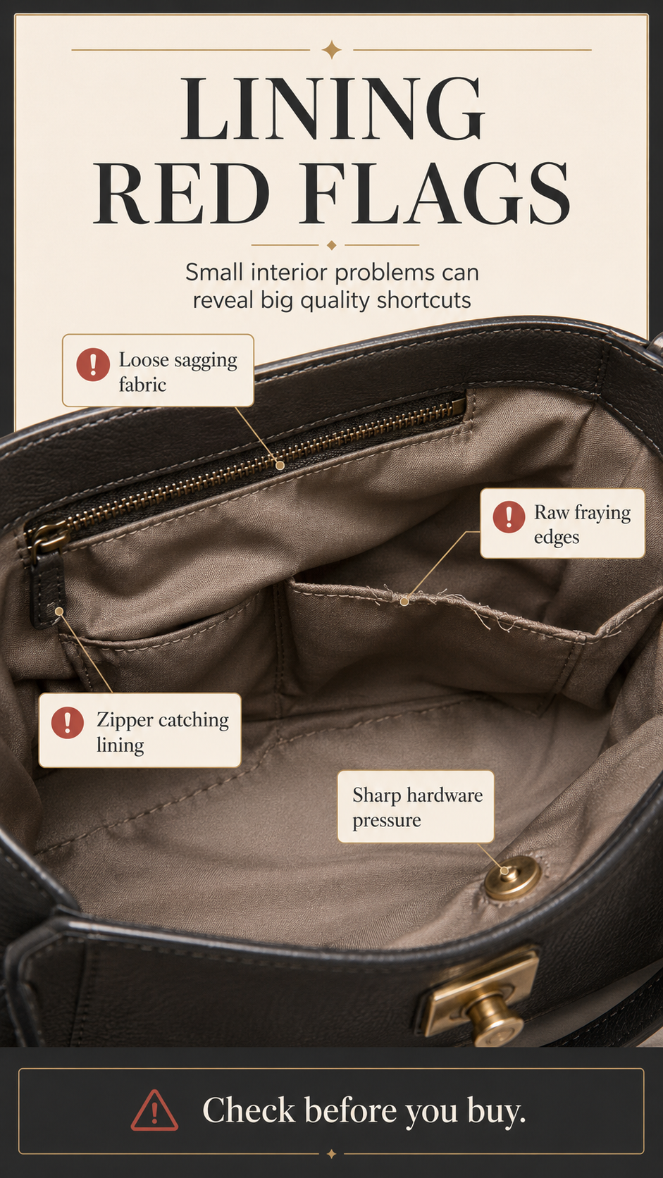 Bad Bag Lining Red Flags Bad handbag lining red flags showing loose fabric, frayed seams, and thin pocket material