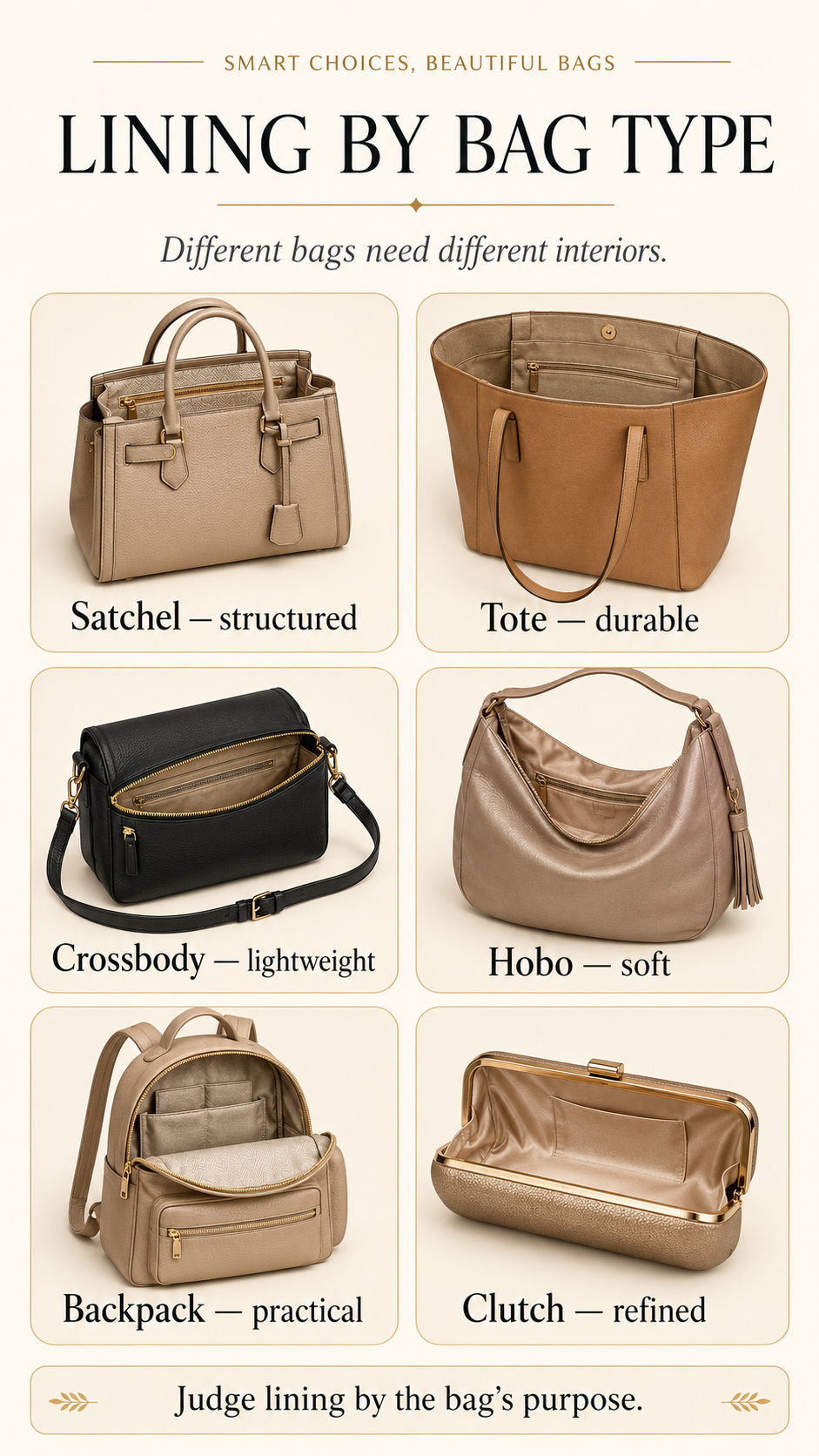 Bag Lining by Bag Type Guide Bag lining by bag type guide for satchel, tote, crossbody, hobo, backpack, and clutch