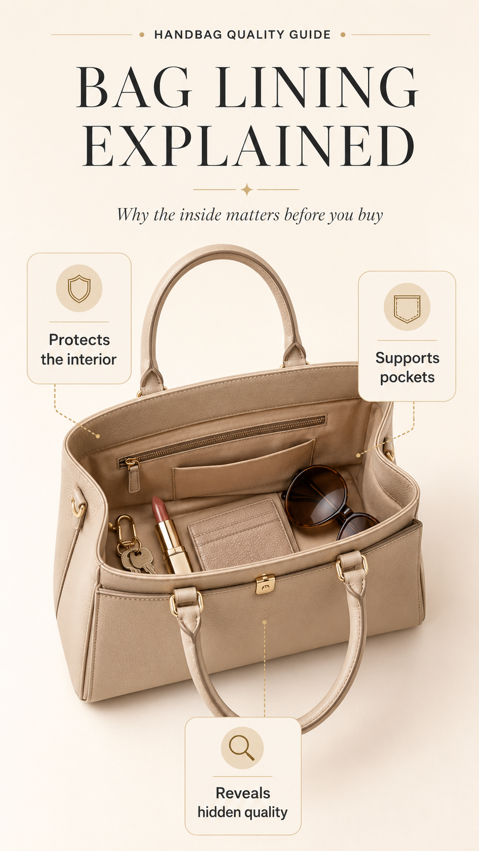 Bag Lining Explained Hero Guide Premium handbag interior lining guide showing a beige structured bag with clean pockets and neat stitching