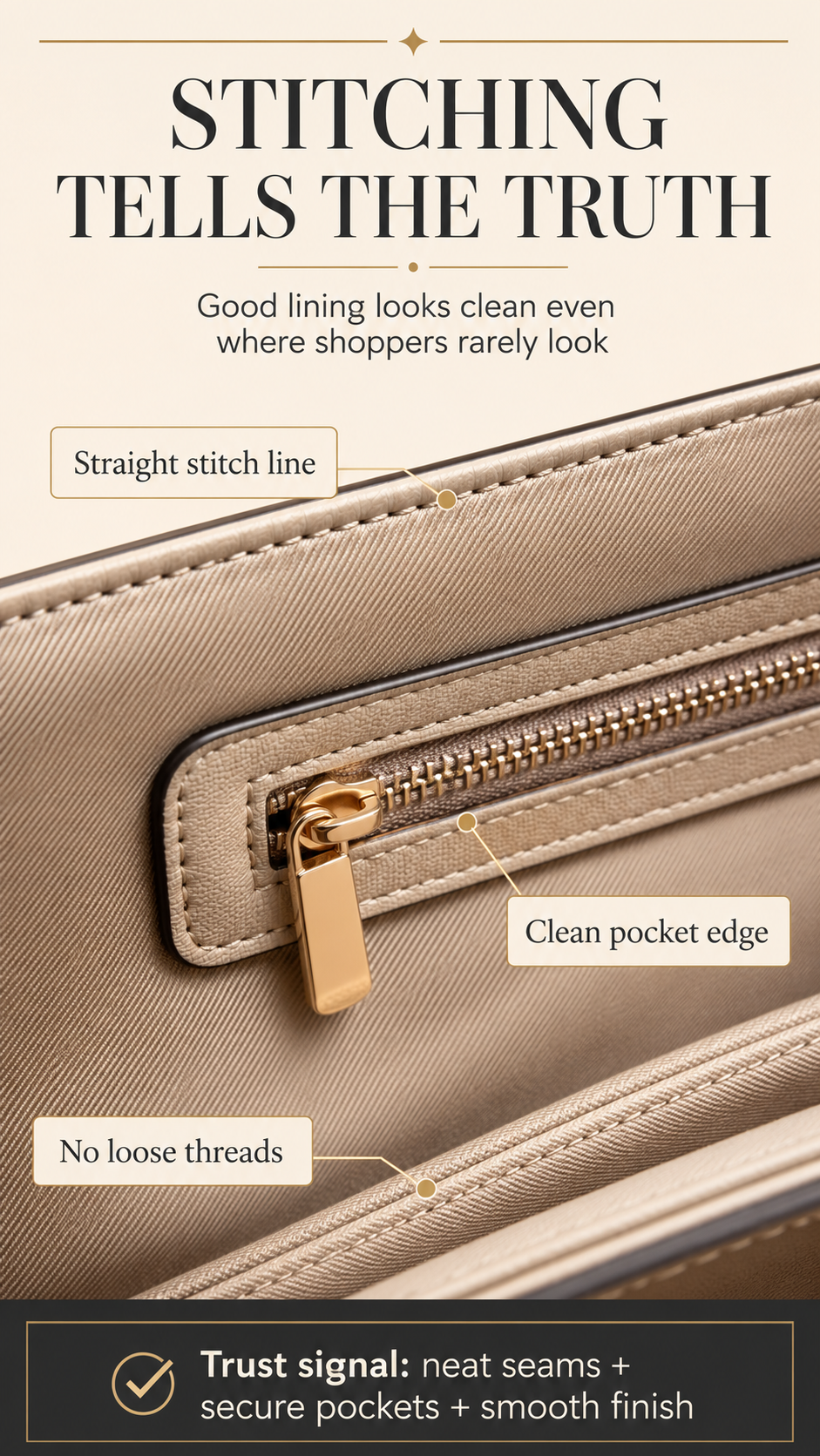 Bag Lining Trust Signal Stitching Check Close-up of handbag lining stitching showing neat seams and clean pocket edges as a trust signal